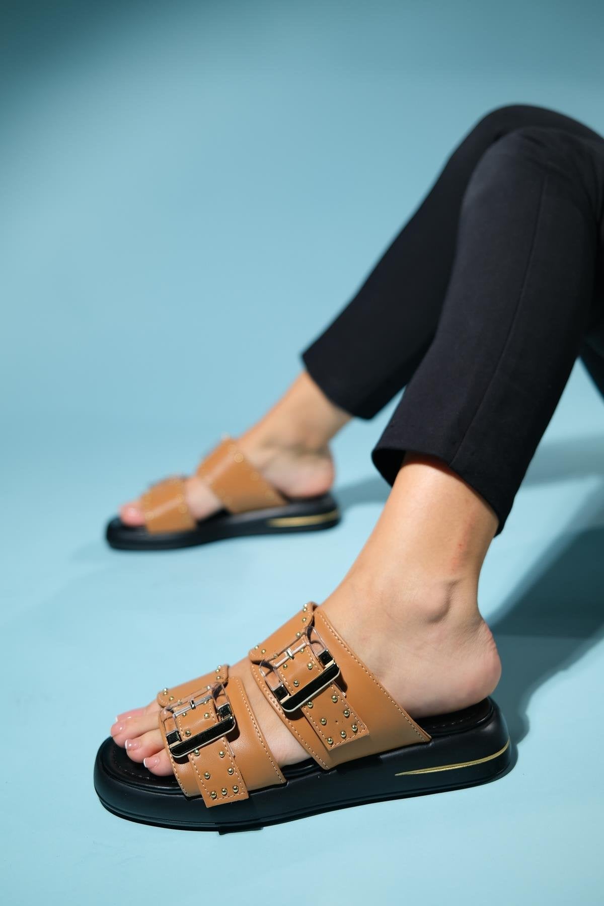 Zley Cognac Buckle Sandal – side view showing leather, red, SimmiUnique