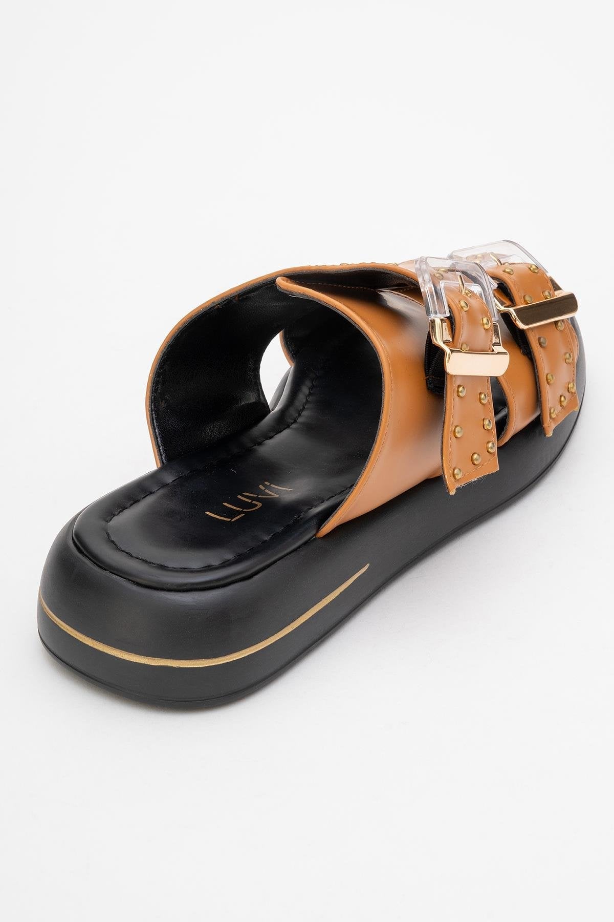 Zley Cognac Buckle Sandal – back view showing leather, red, SimmiUnique