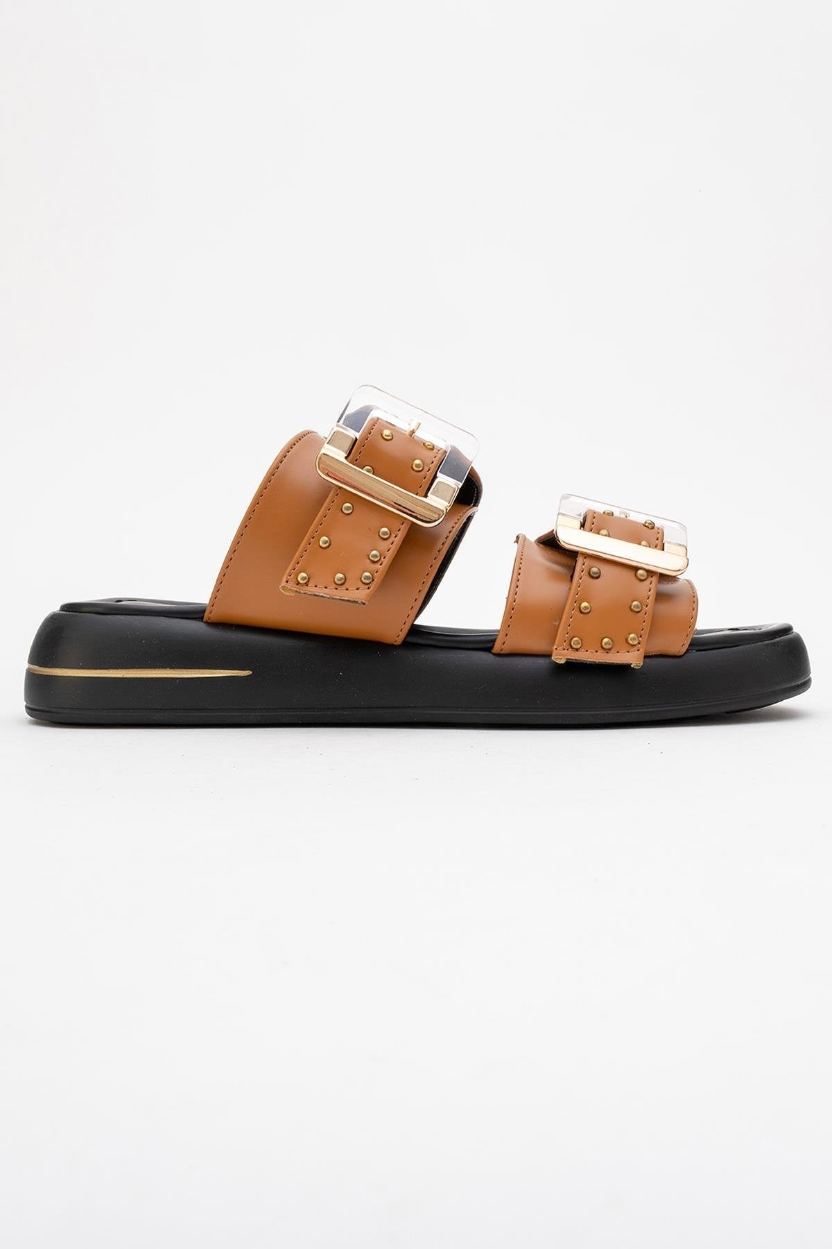 Zley Cognac Buckle Sandal – top view showing leather, red, SimmiUnique