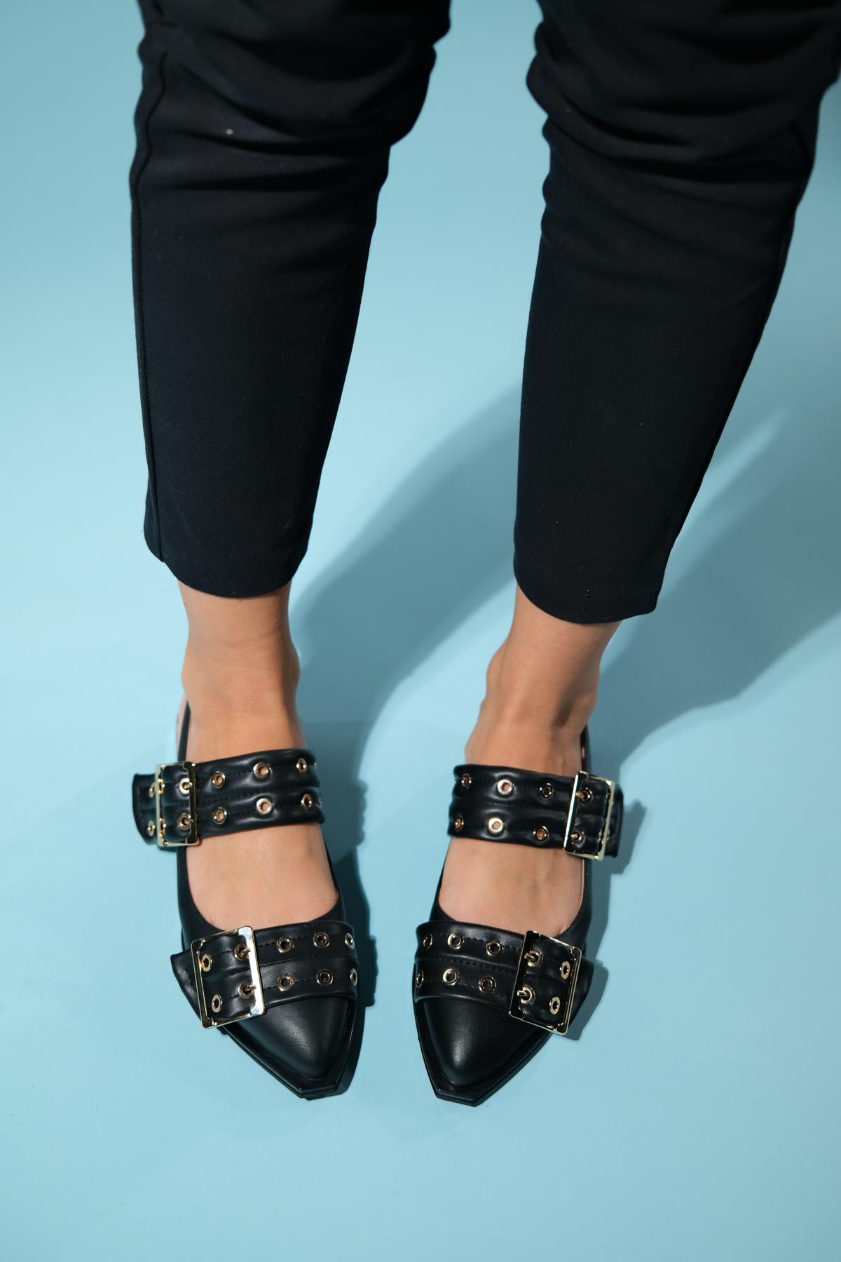 Paloma - Black Gold Buckle Sandal – detail view showing leather, black, gold, SimmiUnique