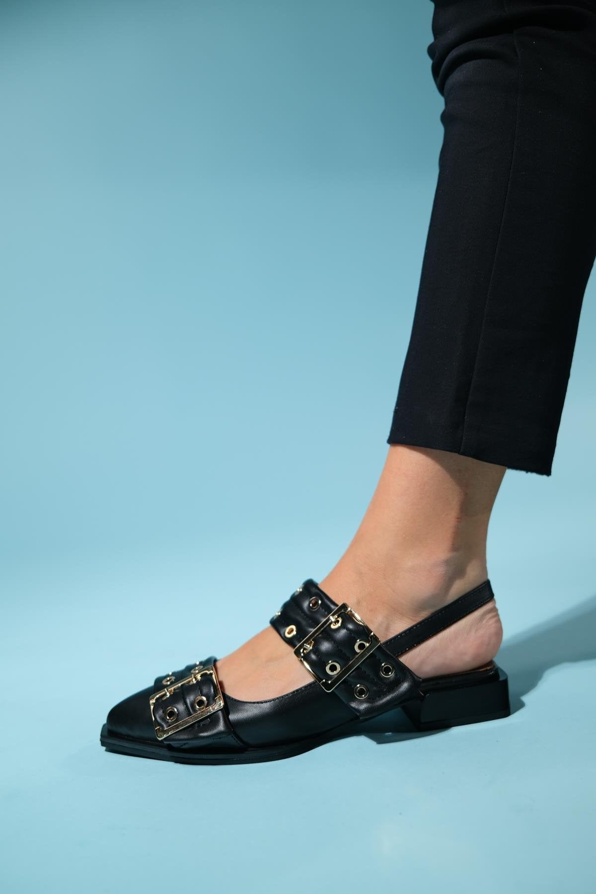 Paloma - Black Gold Buckle Sandal – heel view showing leather, black, gold, SimmiUnique