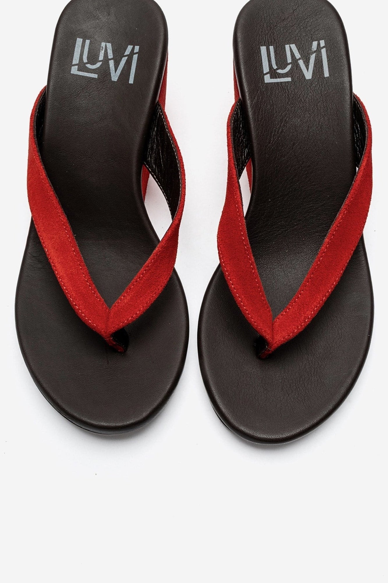 PRYON - Red Genuine Leather Thong Wedge Sandal – side view showing leather, suede, red, SimmiUnique