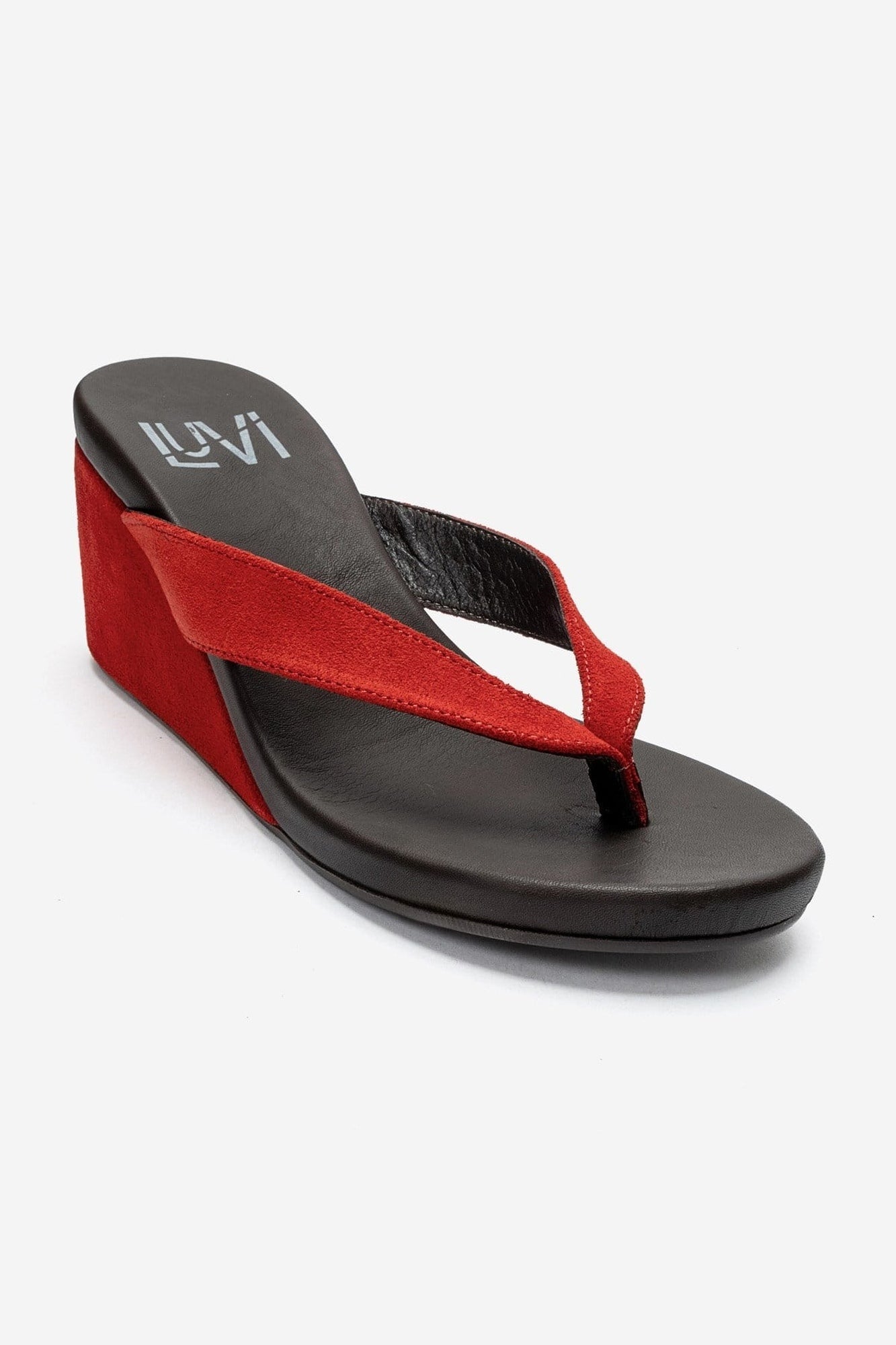 PRYON - Red Genuine Leather Thong Wedge Sandal – detail view showing leather, suede, red, SimmiUnique