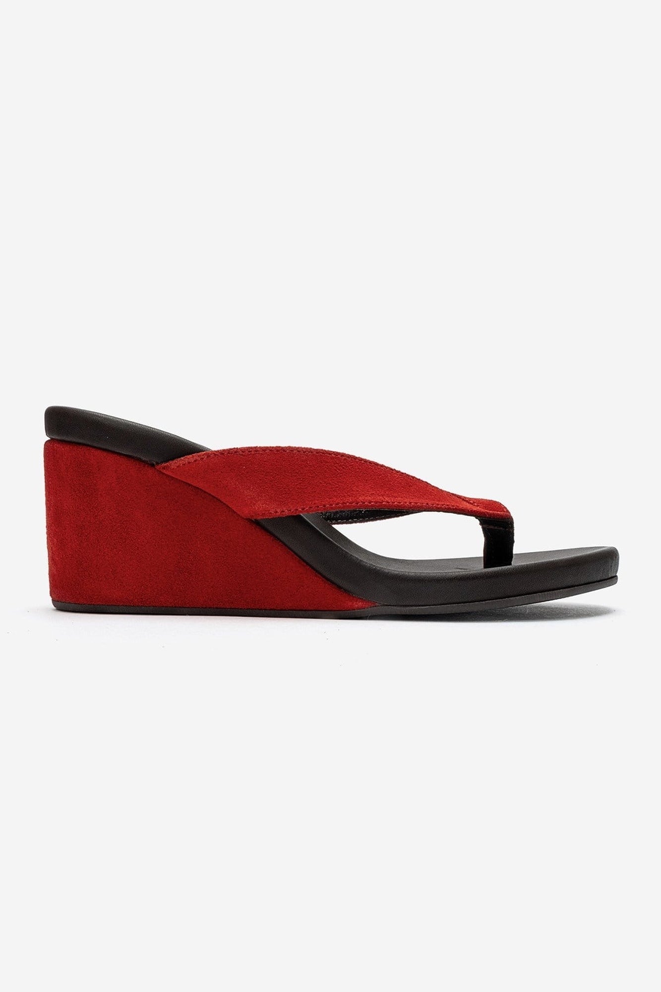 PRYON - Red Genuine Leather Thong Wedge Sandal – heel view showing leather, suede, red, SimmiUnique