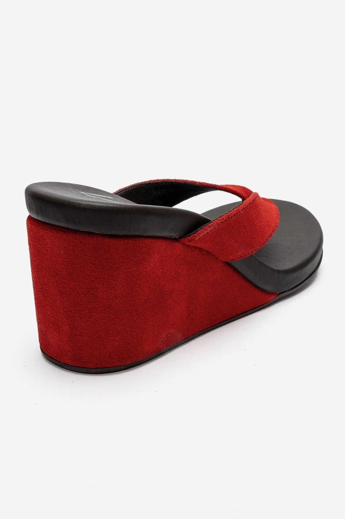 PRYON - Red Genuine Leather Thong Wedge Sandal – back view showing leather, suede, red, SimmiUnique
