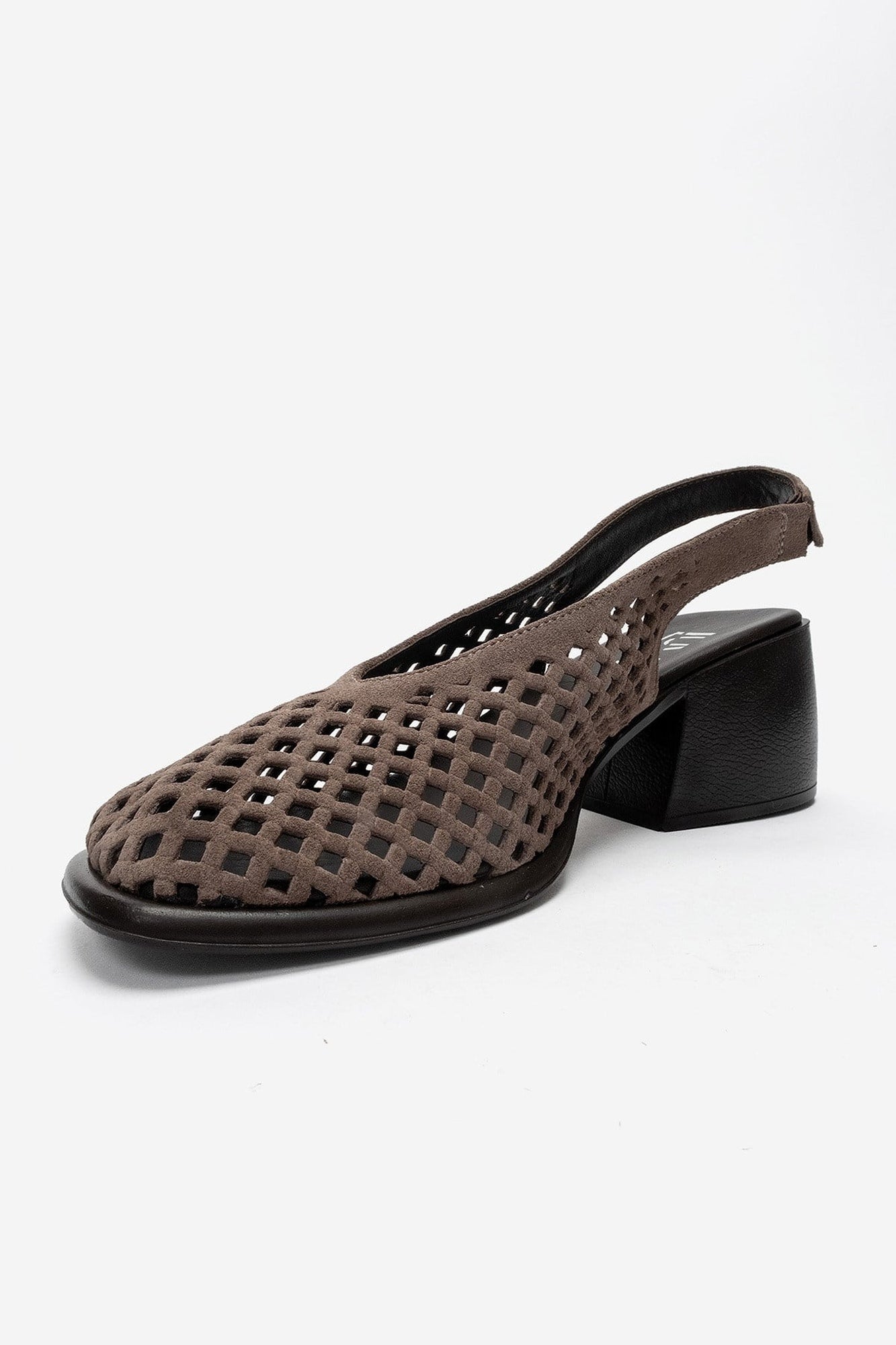 MONVERA - Taupe Genuine Suede Leather Closed-Toe Laser-Cut Block Heel – top view showing leather, suede, SimmiUnique