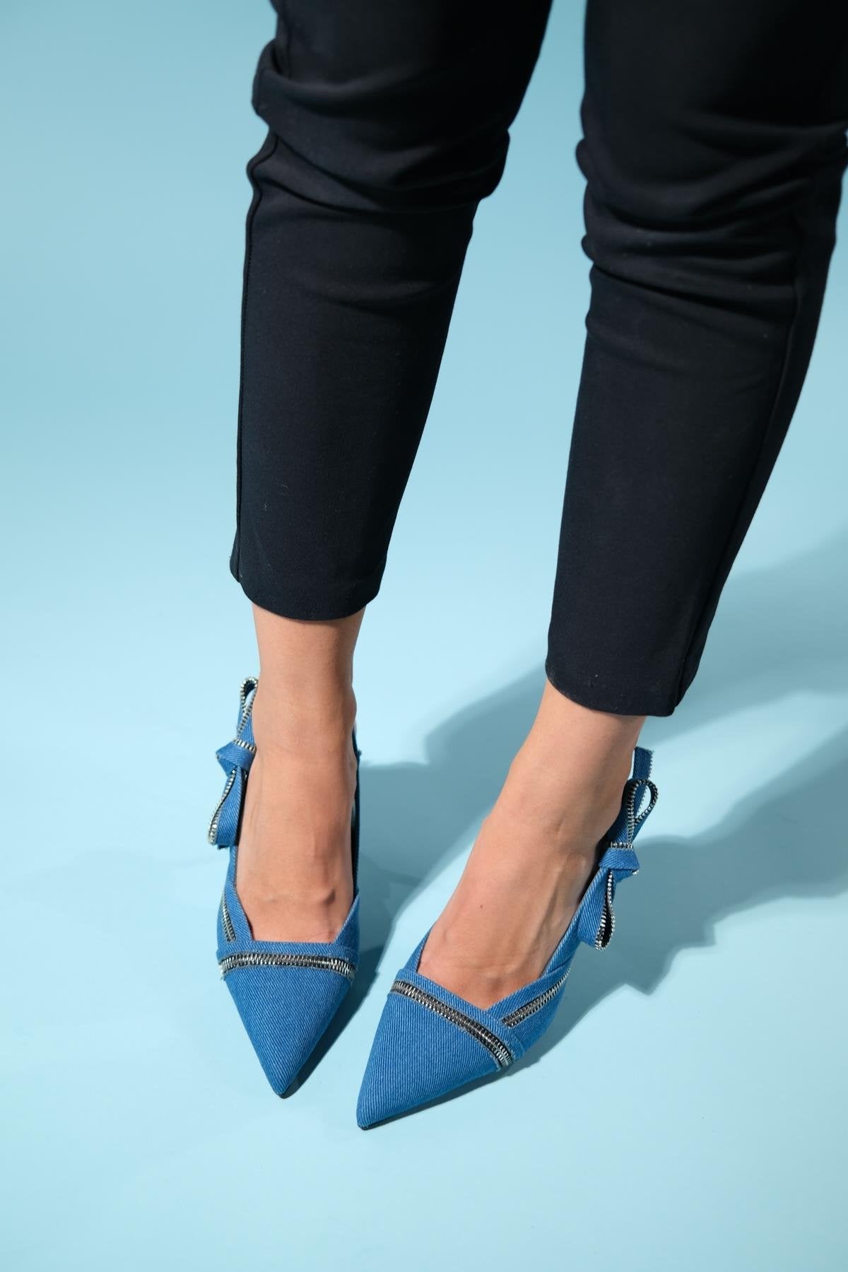 Glen - Denim Blue Zipper-Detail High Heel Shoe – side view showing leather, blue, SimmiUnique