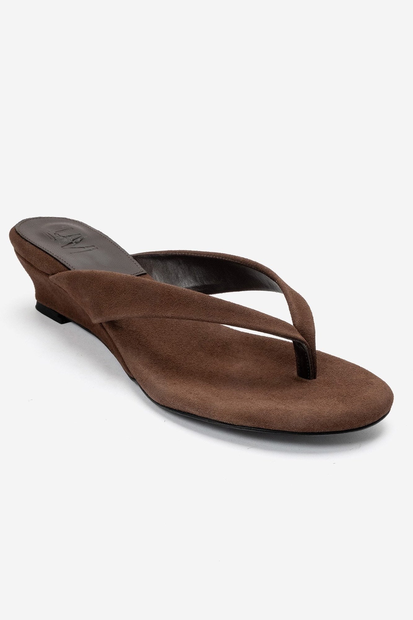 VANESSIA - Cognac Suede Toe-Post Mini Block Heel Sandal – detail view showing leather, suede, SimmiUnique