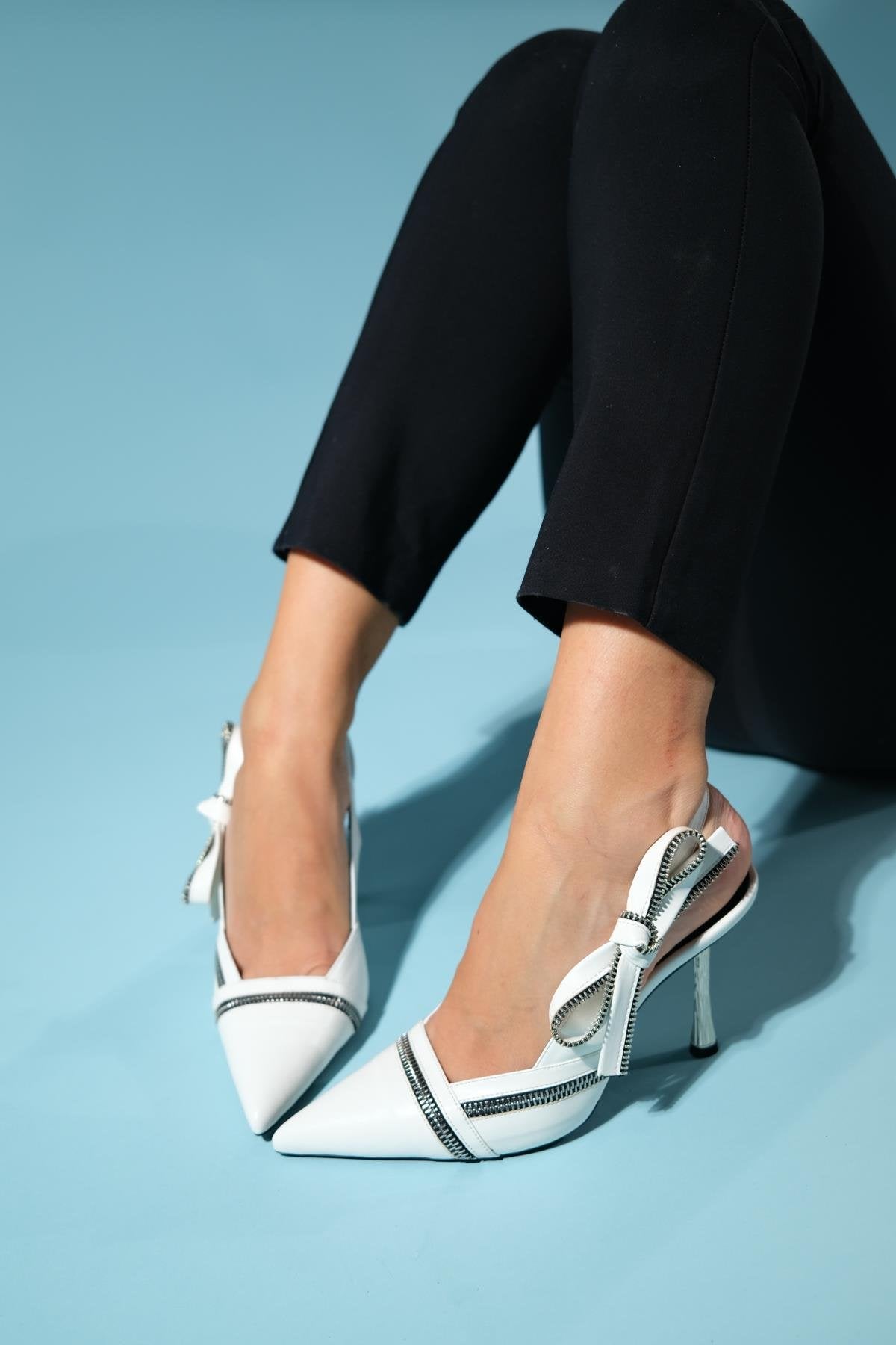 Glen - White Zipper-Detail High Heel Shoe – back view showing leather, white, SimmiUnique
