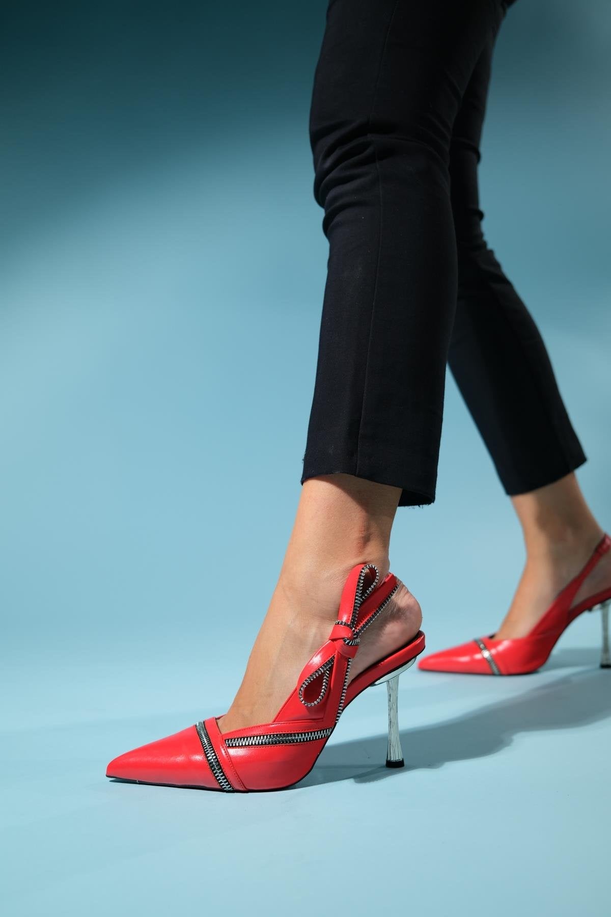 Glen - Red Zipper-Detail High Heel Shoe – top view showing leather, red, SimmiUnique