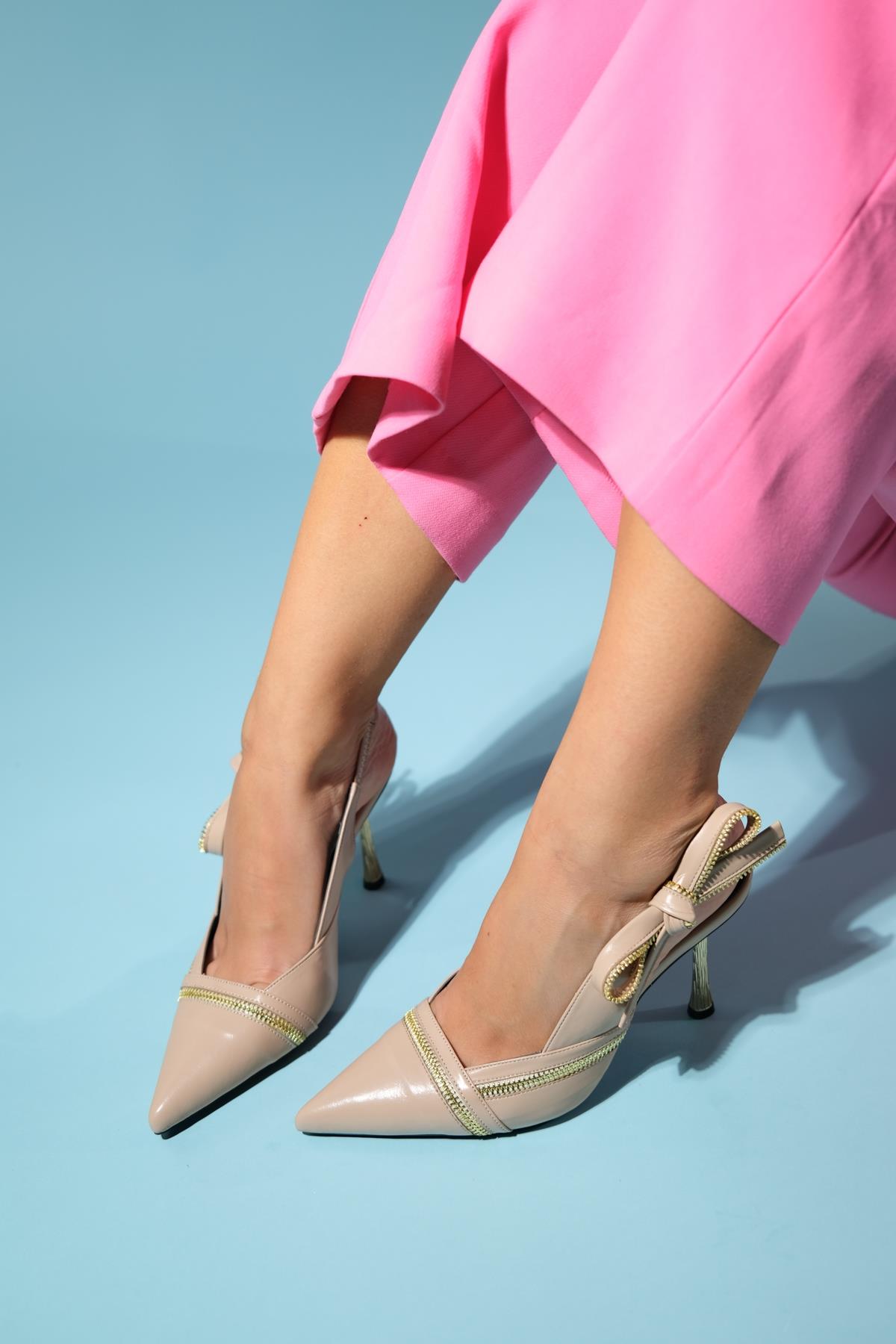 Glen - Beige Zipper-Detail High Heel Shoe – side view showing leather, SimmiUnique