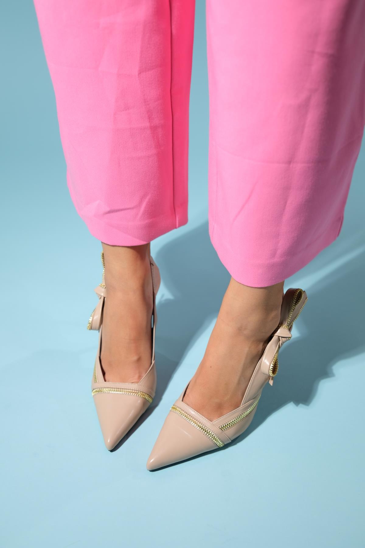 Glen - Beige Zipper-Detail High Heel Shoe – back view showing leather, SimmiUnique
