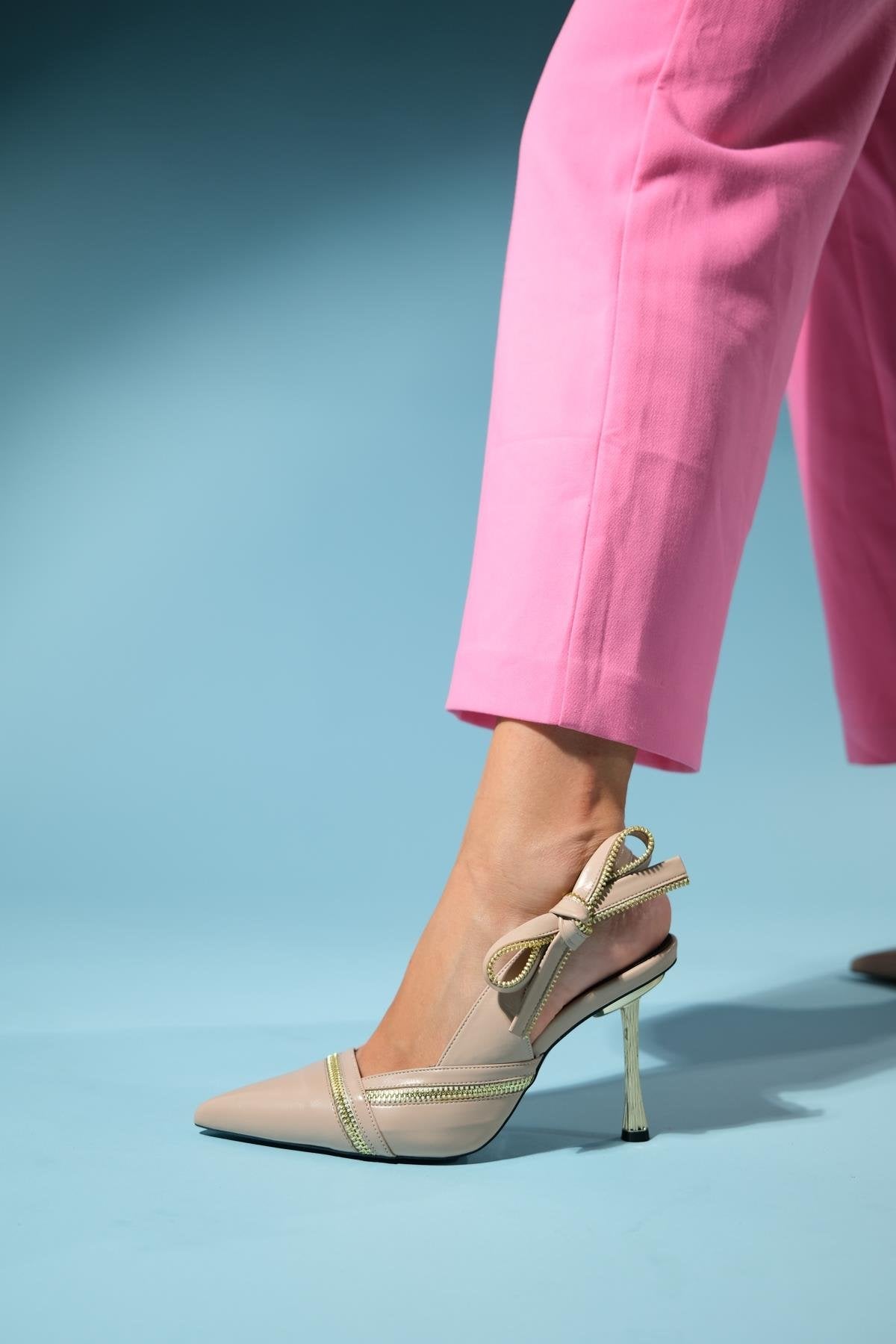 Glen - Beige Zipper-Detail High Heel Shoe – top view showing leather, SimmiUnique