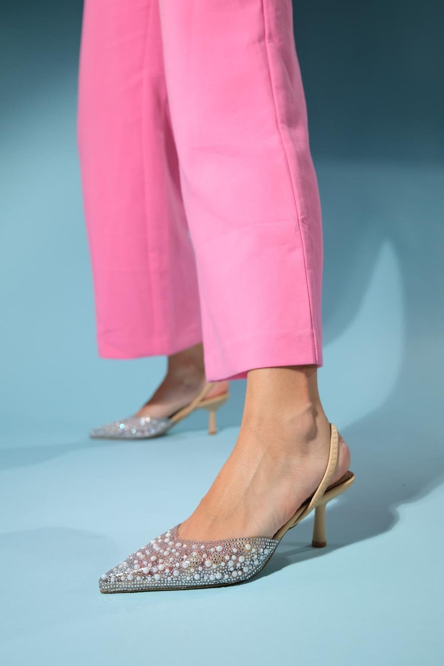 Perun - Beige Pearl-Embellished Transparent Thin Heel Dress Pump