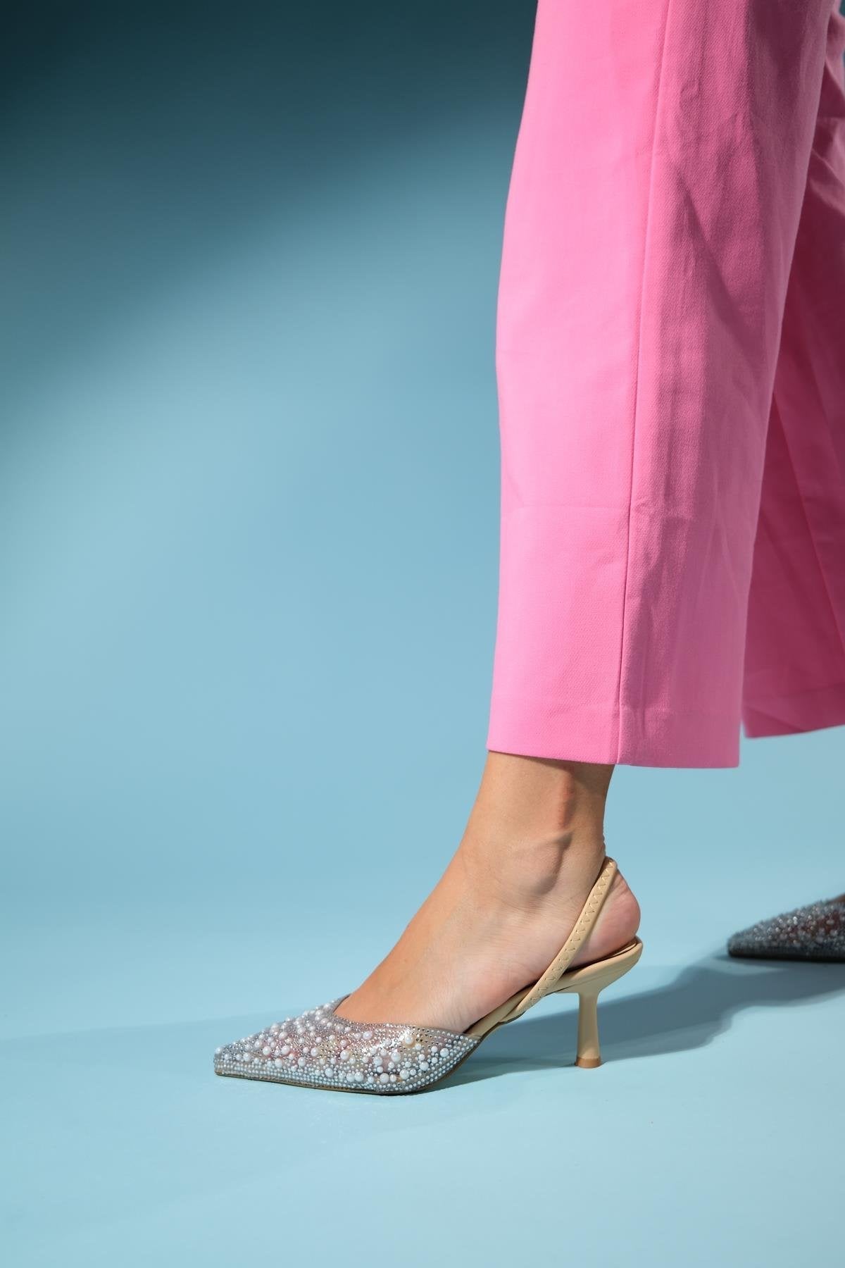 Perun - Beige Pearl-Embellished Transparent Thin Heel Dress Pump – top view showing pearl, leather, SimmiUnique
