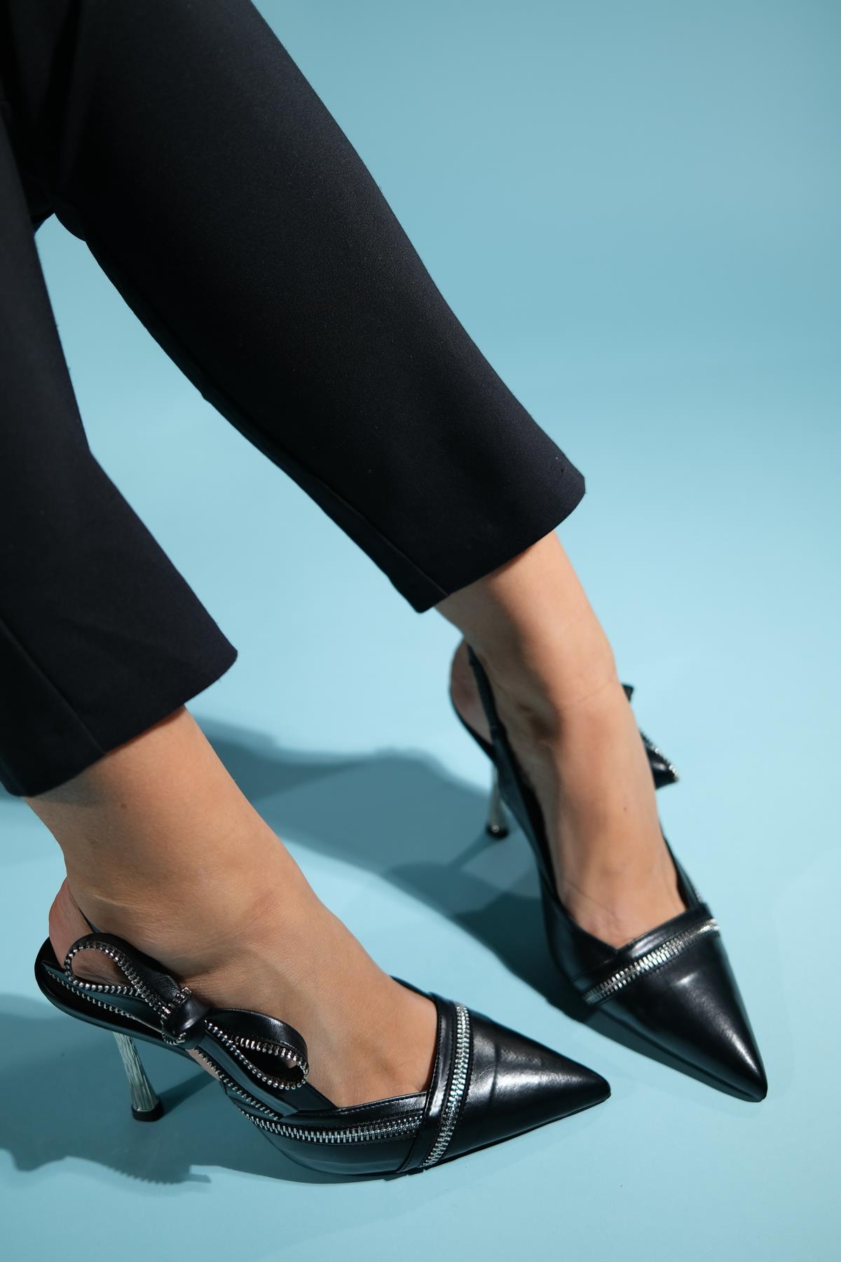 Glen - Black Zipper-Detail High Heel Shoe – back view showing leather, black, SimmiUnique