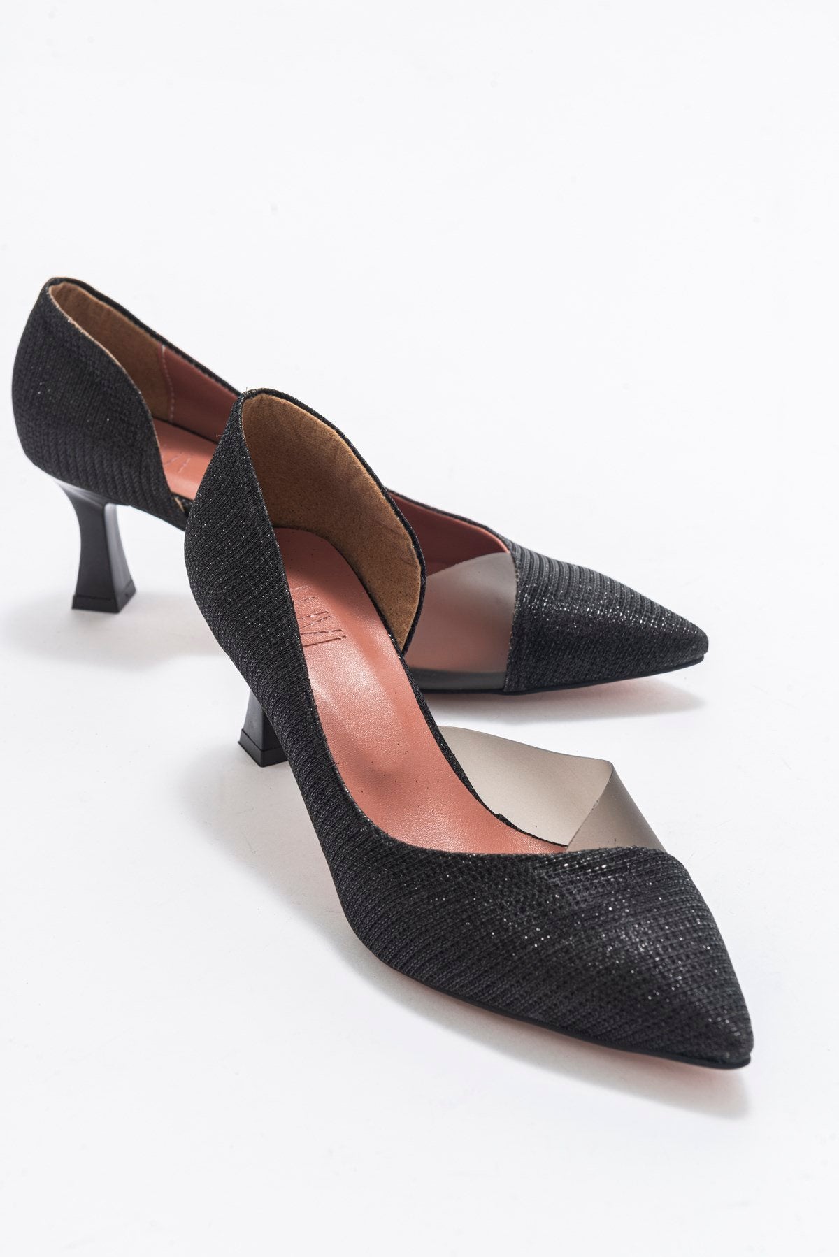 Vera Black Glitter Pointed Toe Pump – front three-quarter view showing leather, glitter, black, SimmiUnique