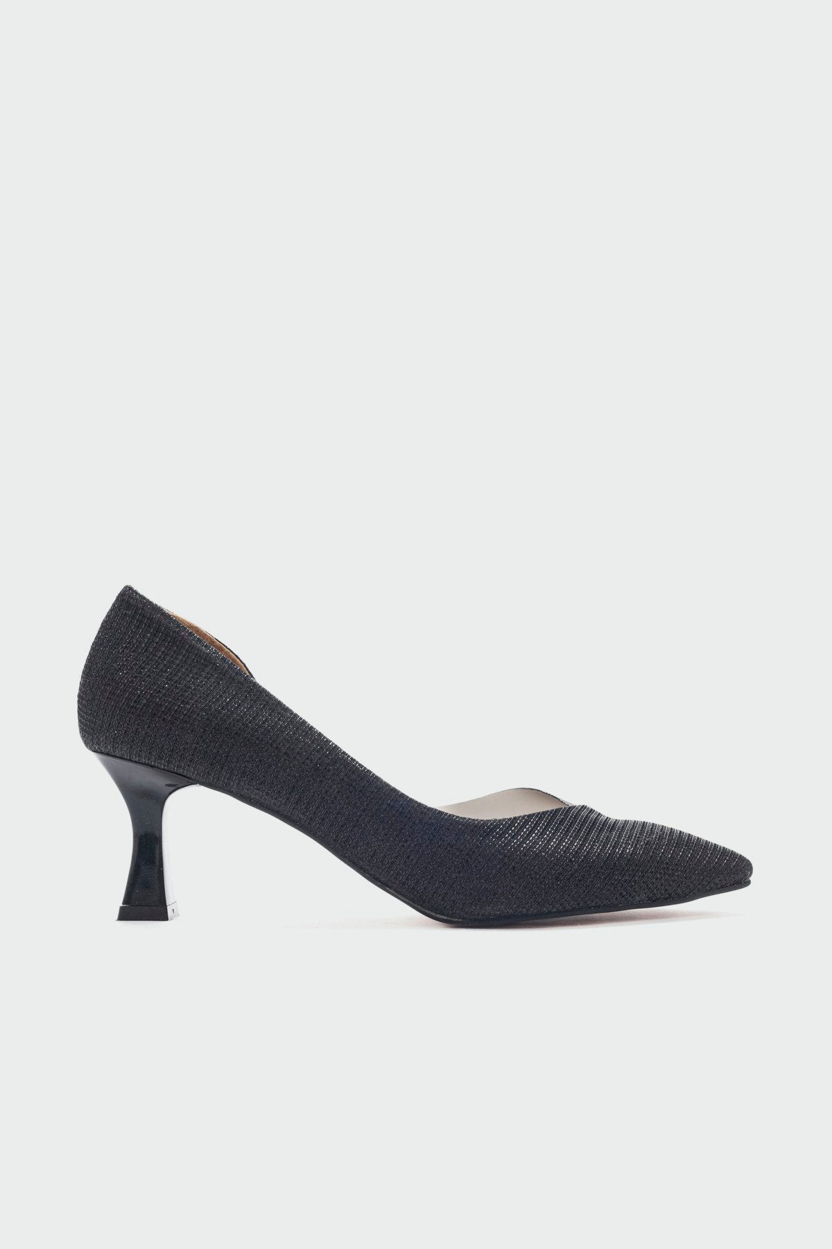 Vera Black Glitter Pointed Toe Pump – detail view showing leather, glitter, black, SimmiUnique
