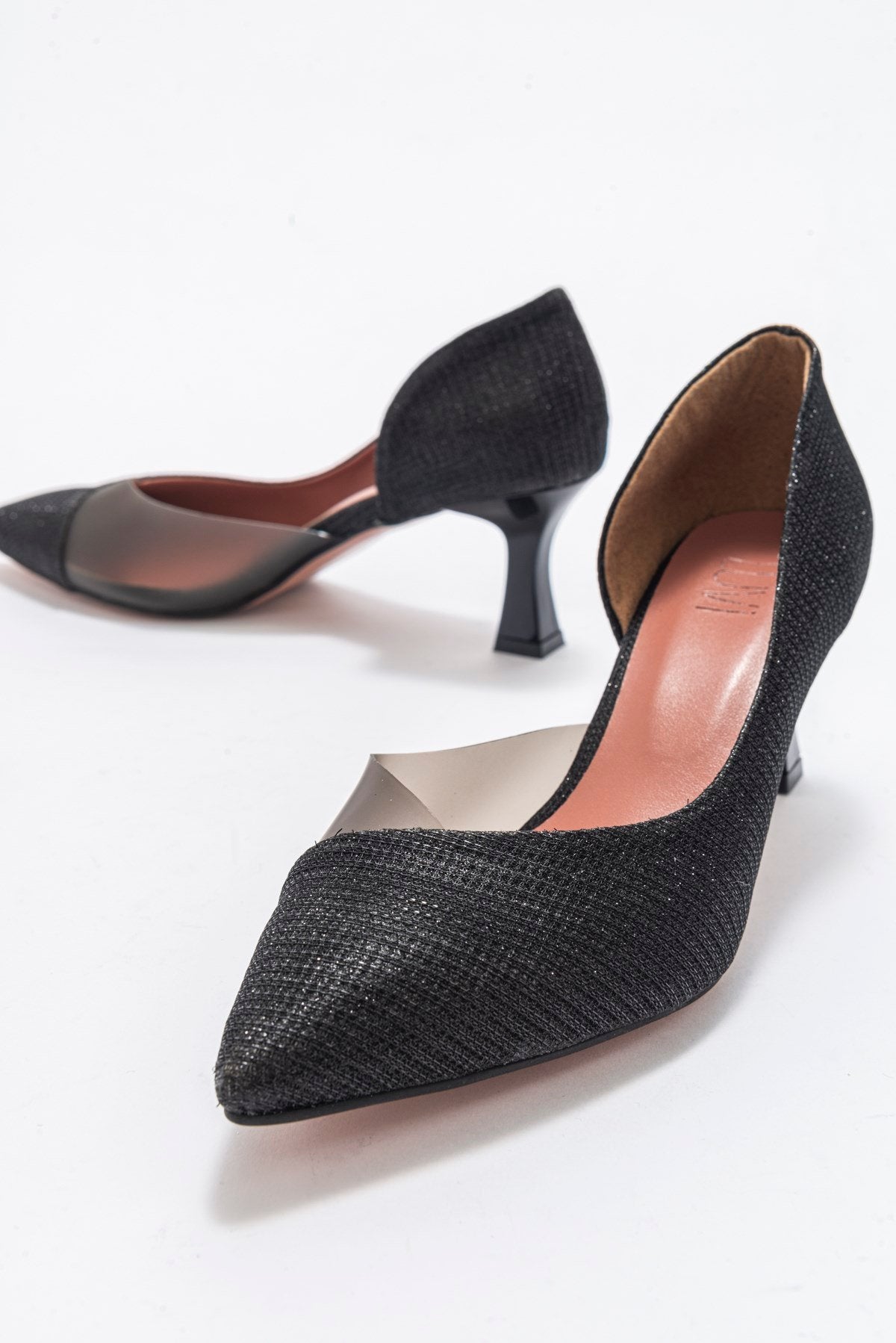 Vera Black Glitter Pointed Toe Pump – top view showing leather, glitter, black, SimmiUnique