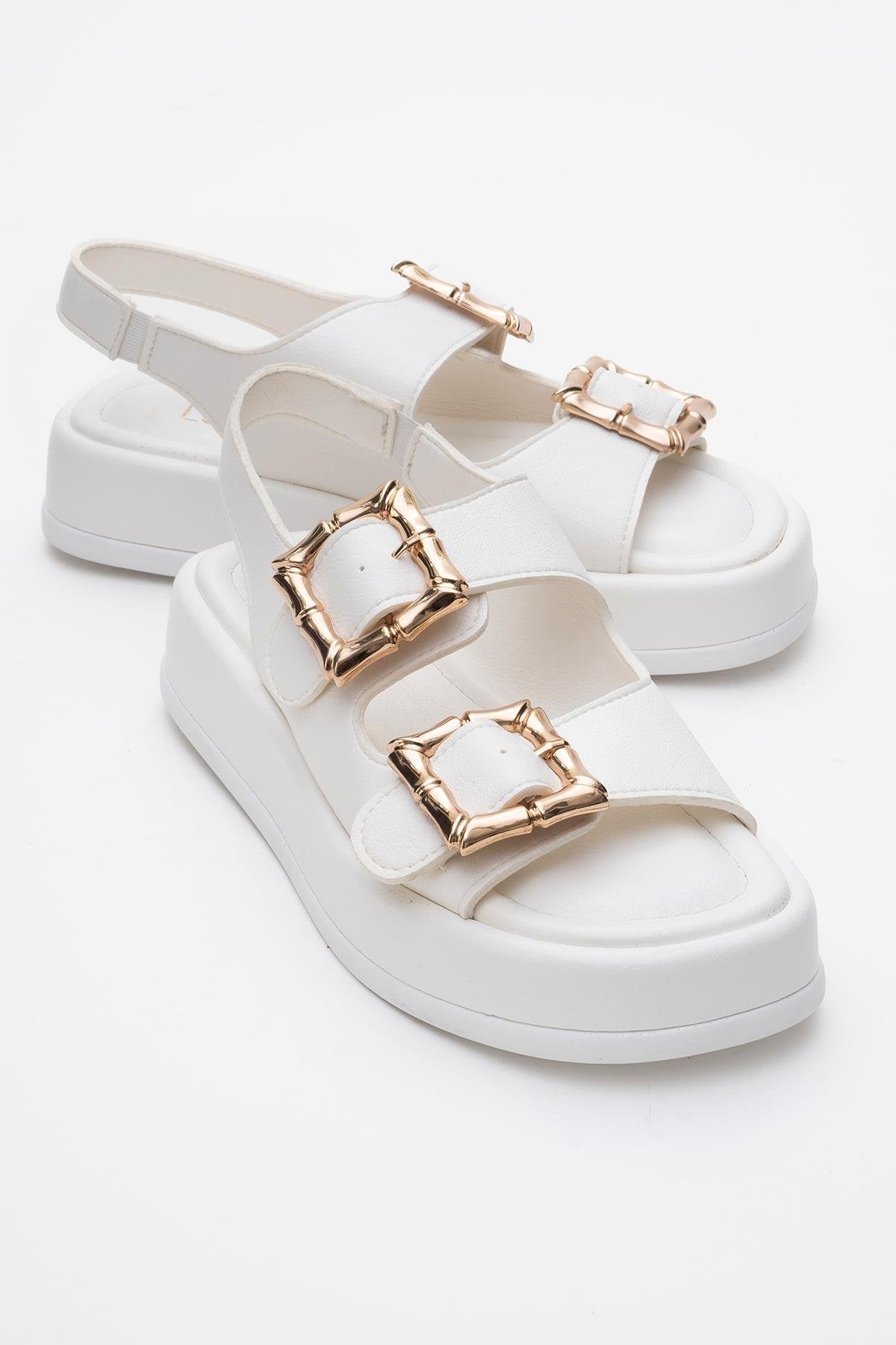 Slope White Double Strap Flat Sandal – front three-quarter view showing leather, white, SimmiUnique