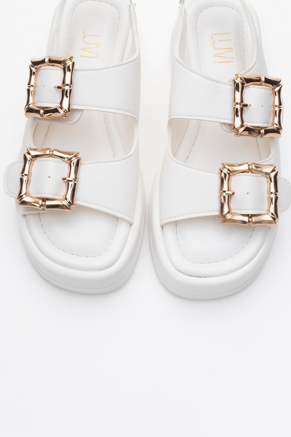 Slope White Double Strap Flat Sandal – side view showing leather, white, SimmiUnique