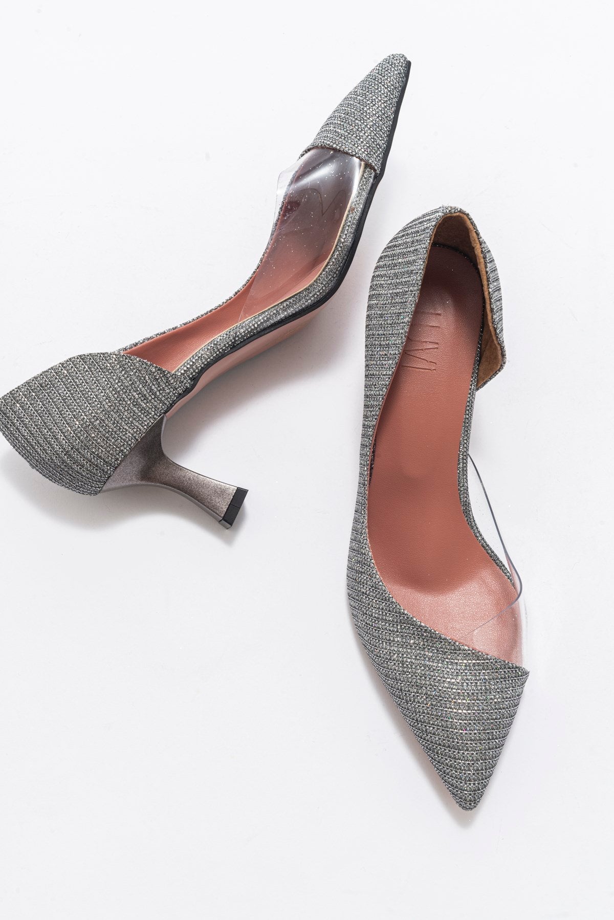 Vera Platinum Glitter Pointed Toe Pump – side view showing leather, glitter, SimmiUnique