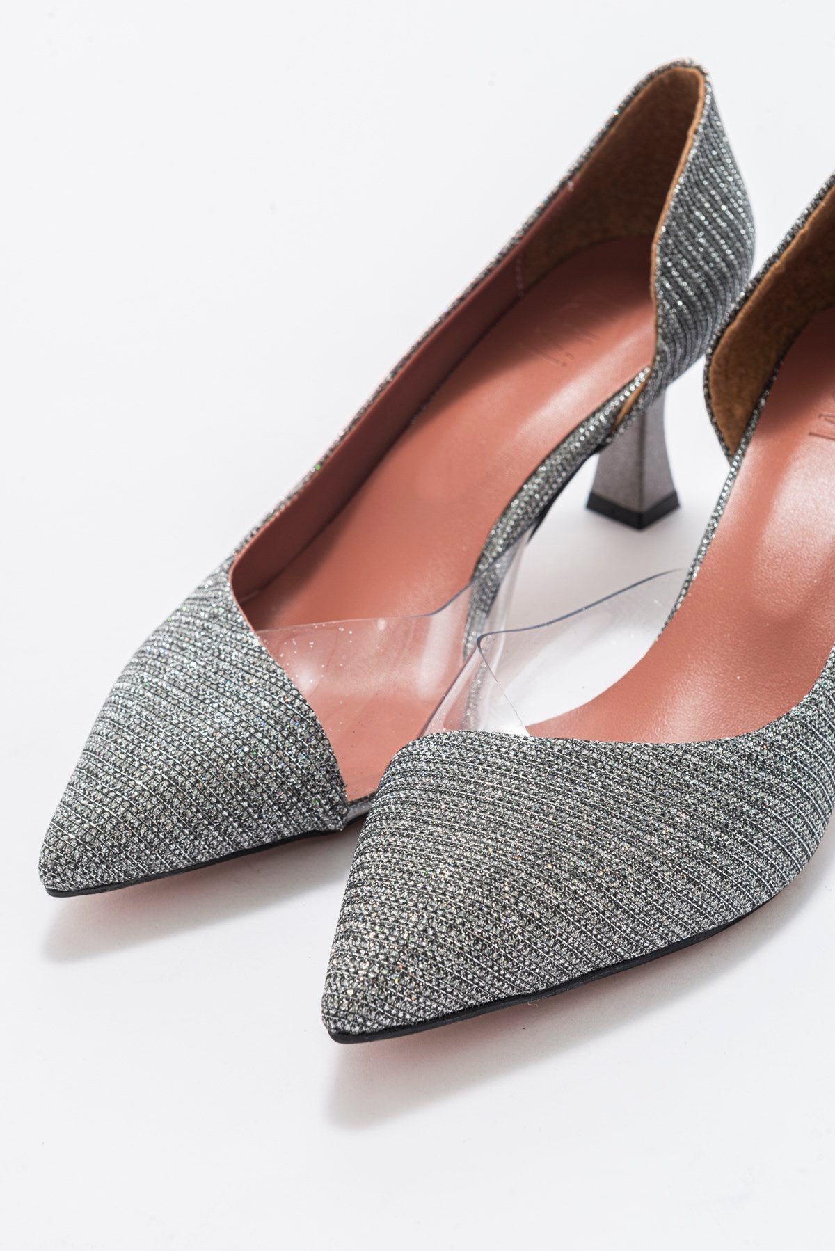 Vera Platinum Glitter Pointed Toe Pump – detail view showing leather, glitter, SimmiUnique