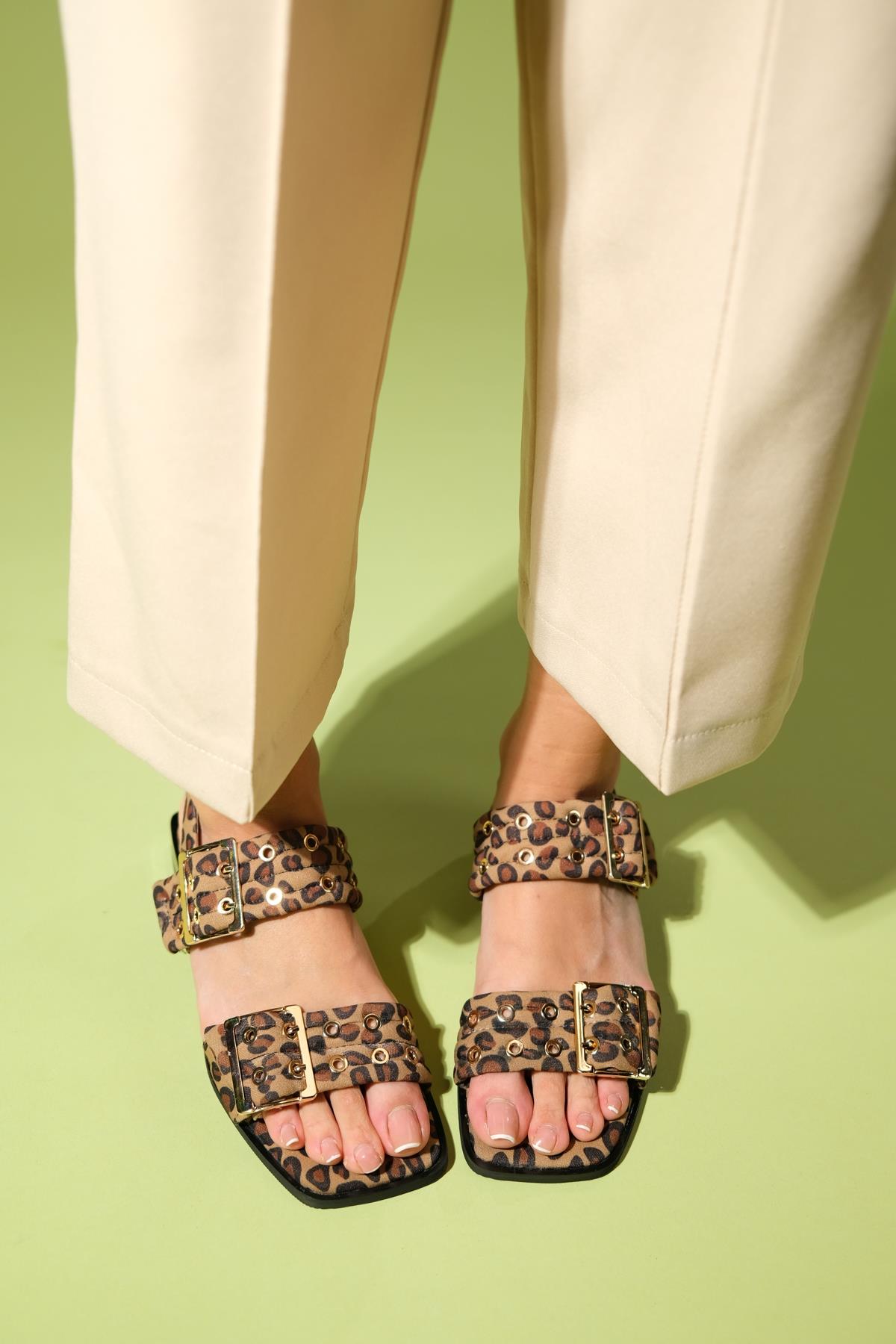 Blob - Black-Yellow Patterned Gold-Buckled Sandal – front three-quarter view showing leather, black, gold, SimmiUnique