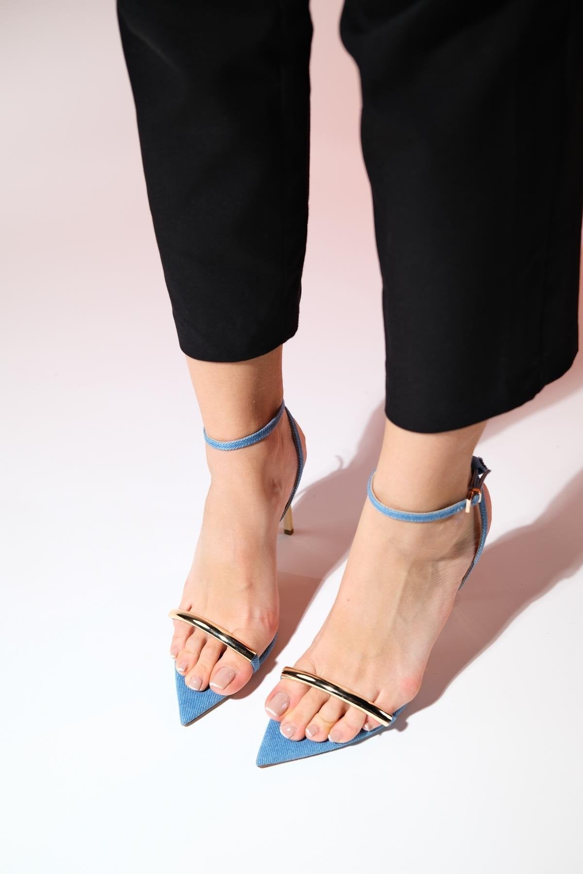 Bruno - Light Denim Single-Strap High-Heeled Shoe – heel view showing leather, SimmiUnique