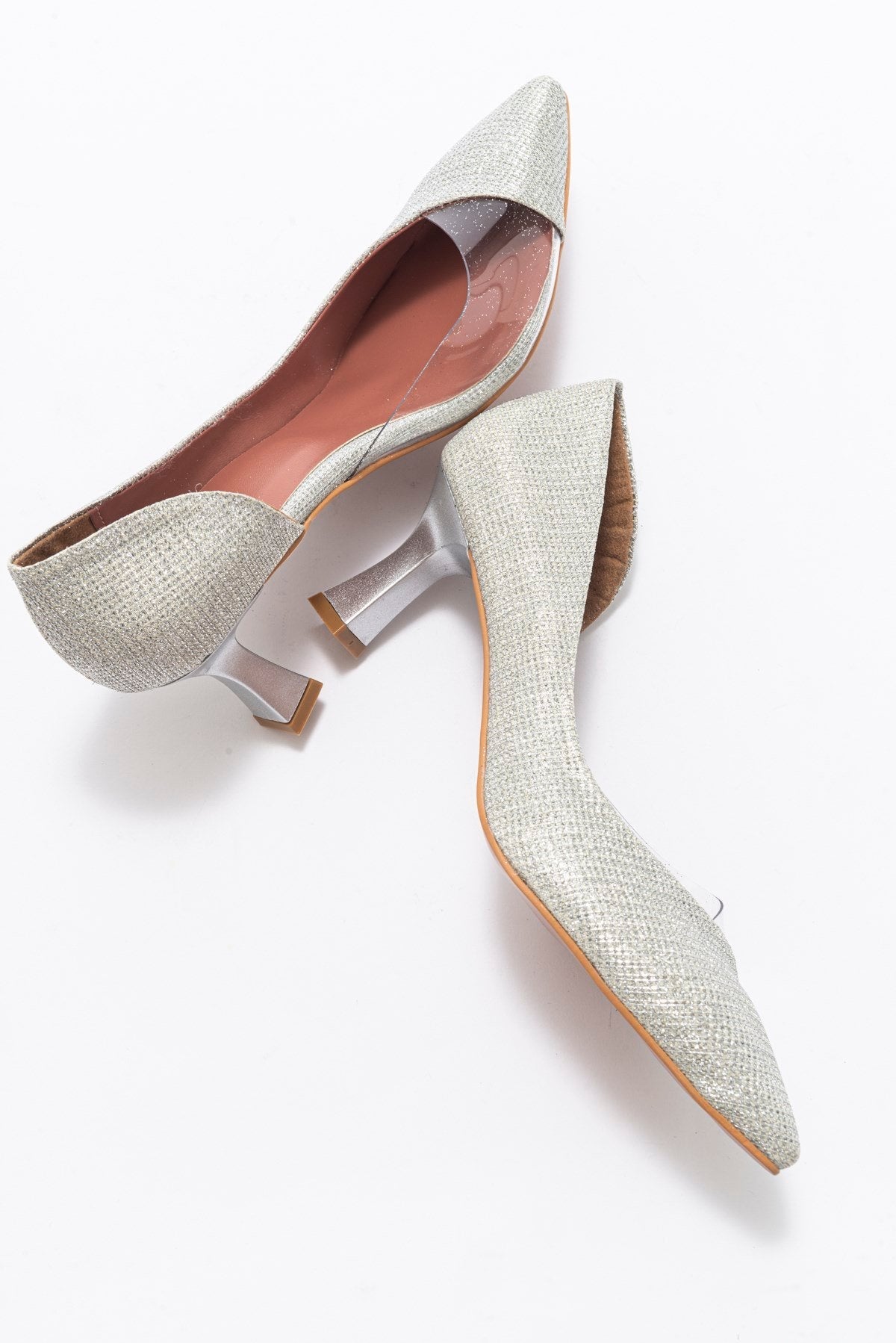 Vera Lame Glitter Pointed Toe Pump – heel view showing leather, glitter, SimmiUnique