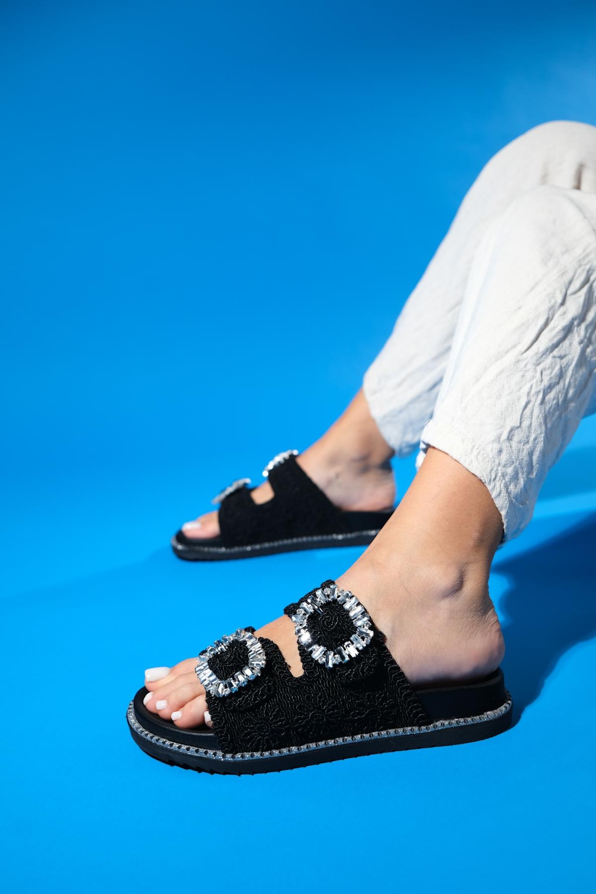 Dungeon - Black Knit Double Strap Stone Buckle Slide – detail view showing leather, black, SimmiUnique