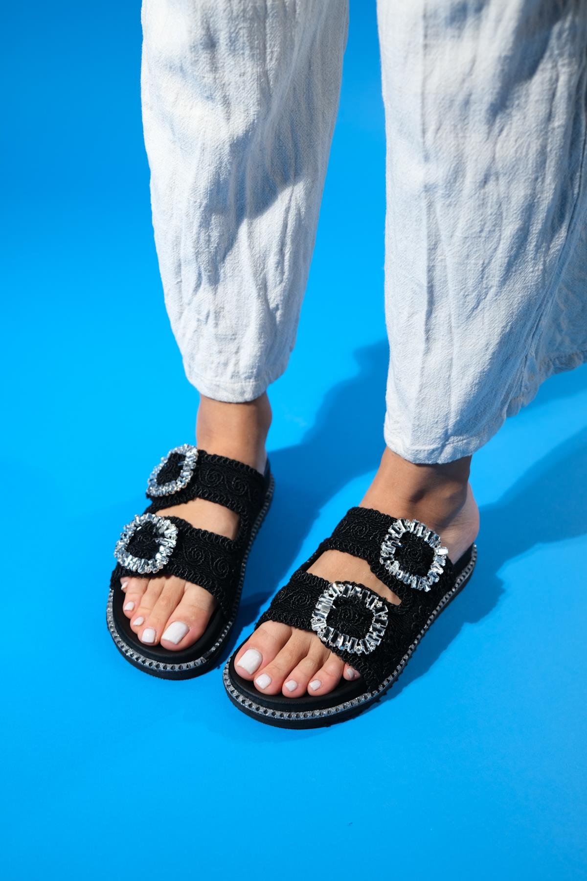 Dungeon - Black Knit Double Strap Stone Buckle Slide – heel view showing leather, black, SimmiUnique