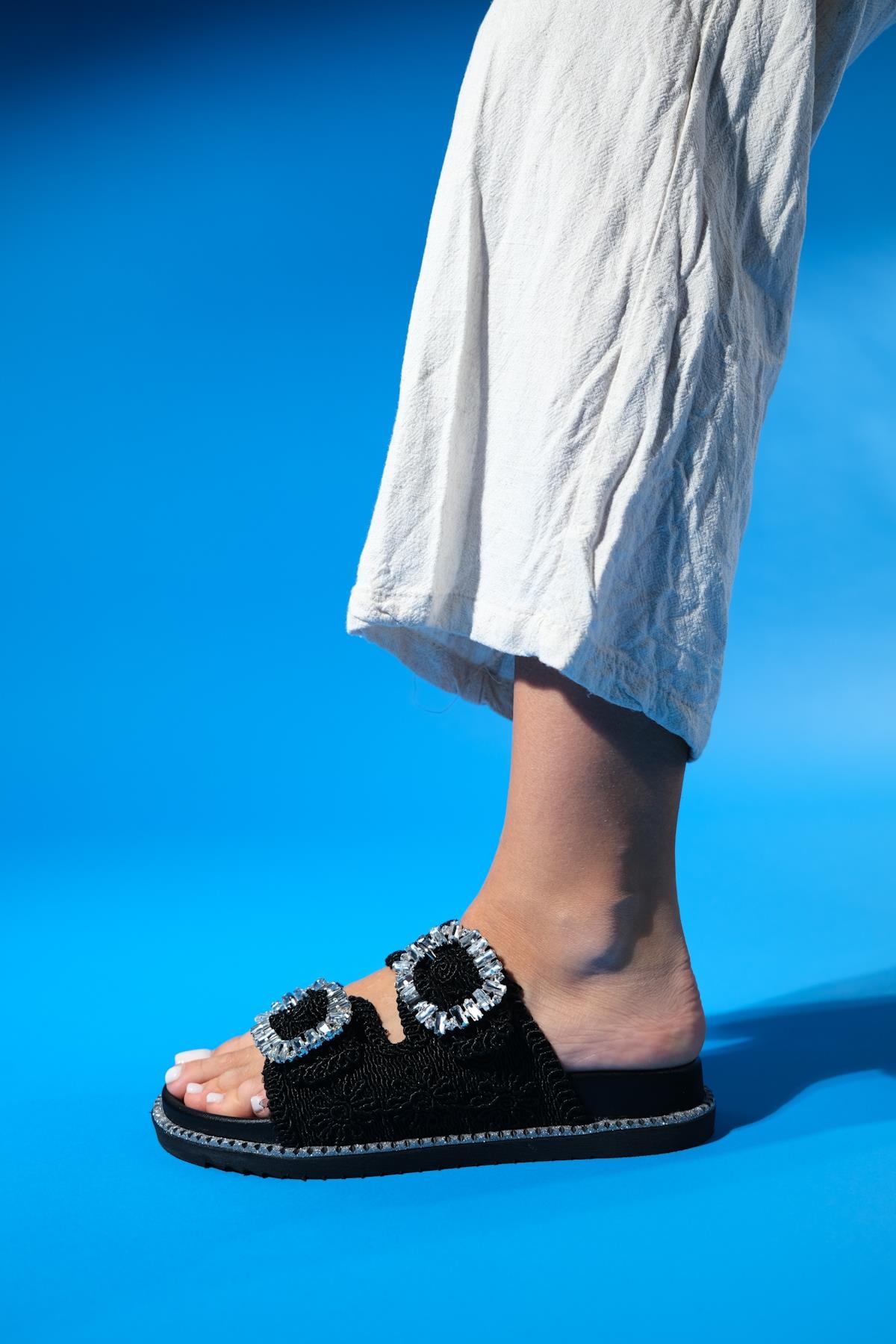 Dungeon - Black Knit Double Strap Stone Buckle Slide – top view showing leather, black, SimmiUnique
