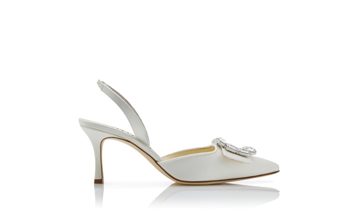 Aurelia Jewel White Crystal Buckle Slingbacks – side profile showing white crystal buckle, slingback, pointed toe, satin…