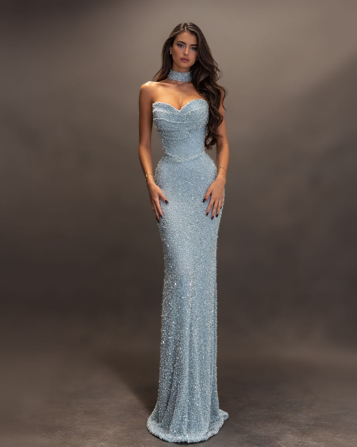 Ice Blue Crystal Strapless Evening Gown with Choker Neck - SimmiUnique