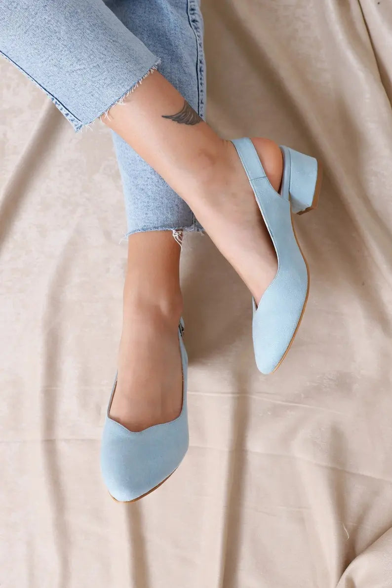 BABY BLUE SUEDE LOW HEEL BRIDAL SHOES flordeashoes