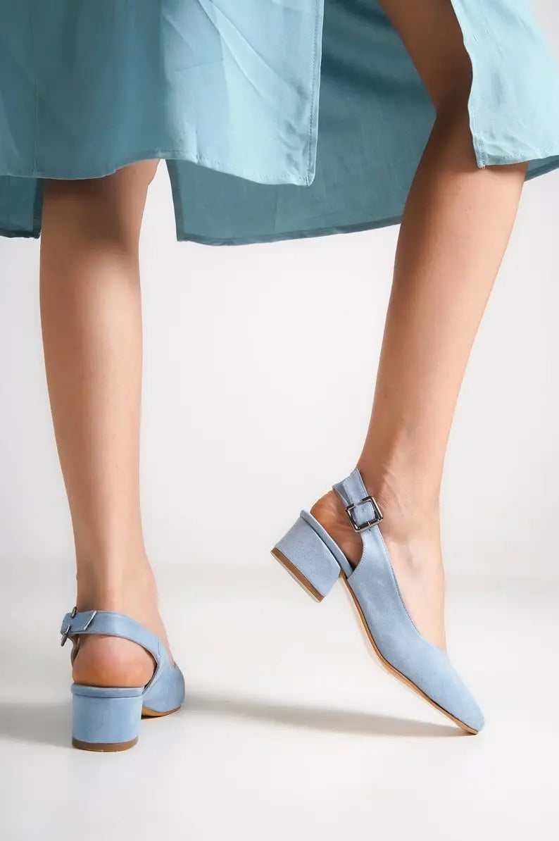 BABY BLUE SUEDE LOW HEEL BRIDAL SHOES flordeashoes