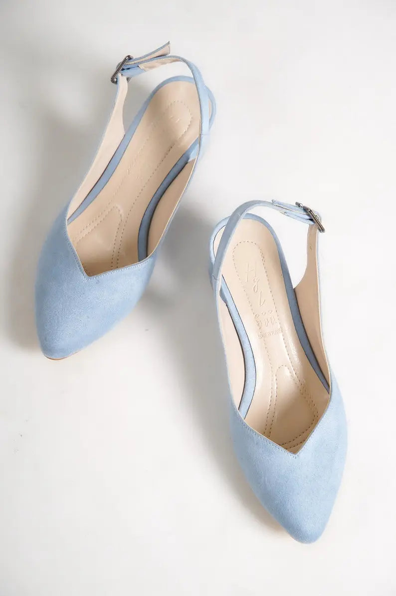 BABY BLUE SUEDE LOW HEEL BRIDAL SHOES flordeashoes