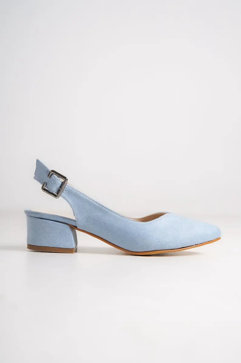 BABY BLUE SUEDE LOW HEEL BRIDAL SHOES flordeashoes