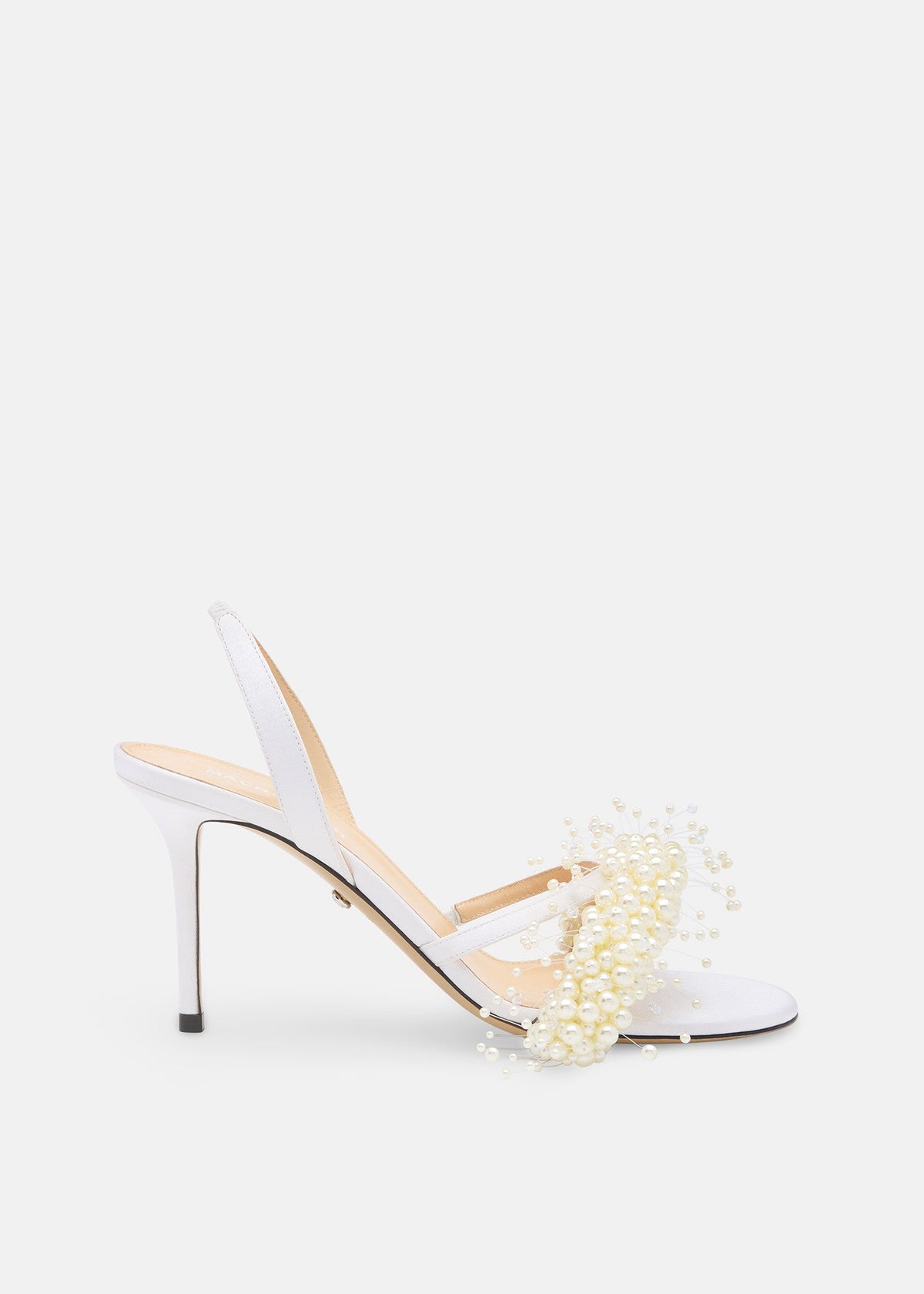 Eloise White Floating Pearl Sandals – front three-quarter view showing floating pearl, satin, white, SimmiUnique