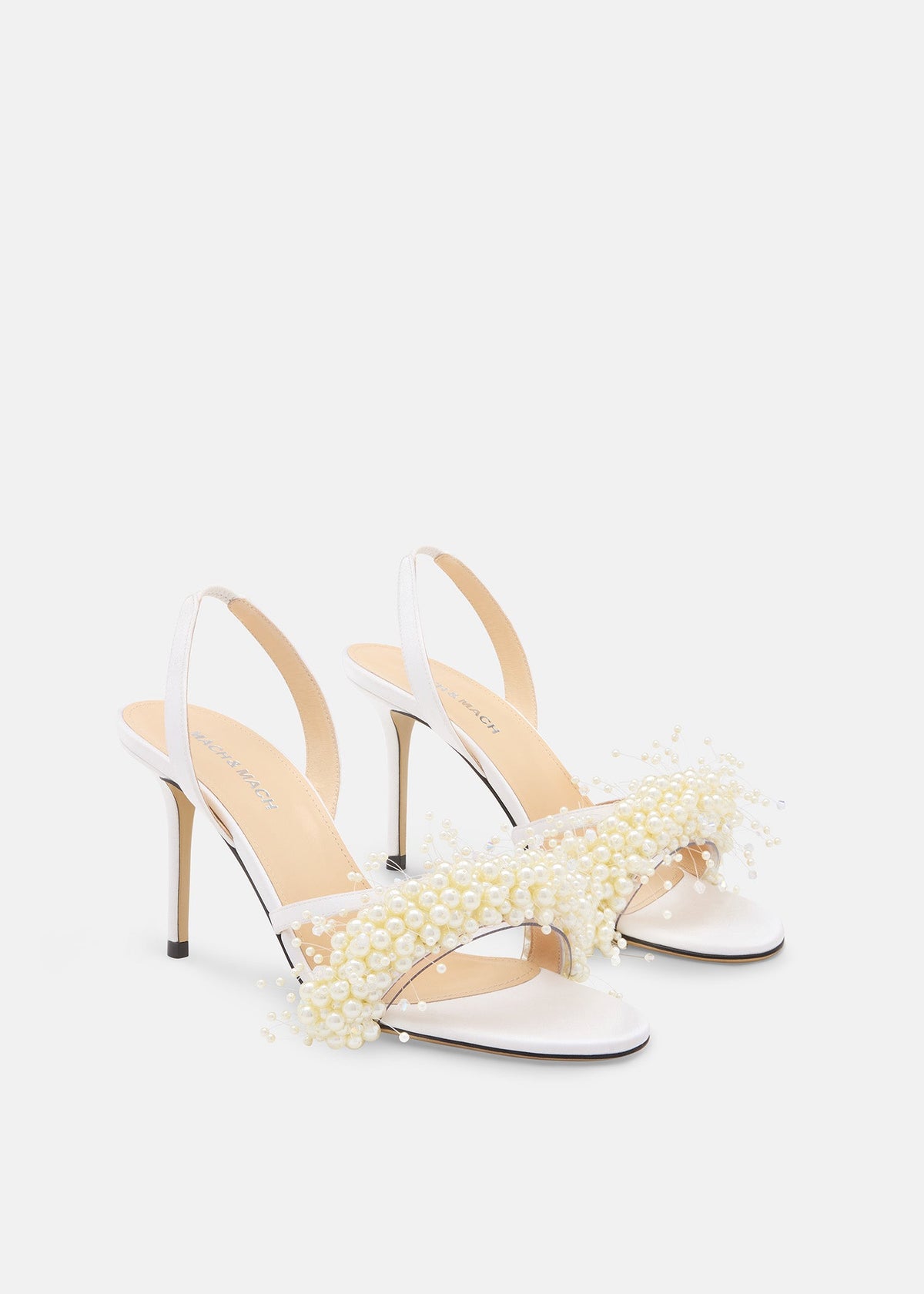 Eloise White Floating Pearl Sandals – side profile showing floating pearl, satin, white, SimmiUnique