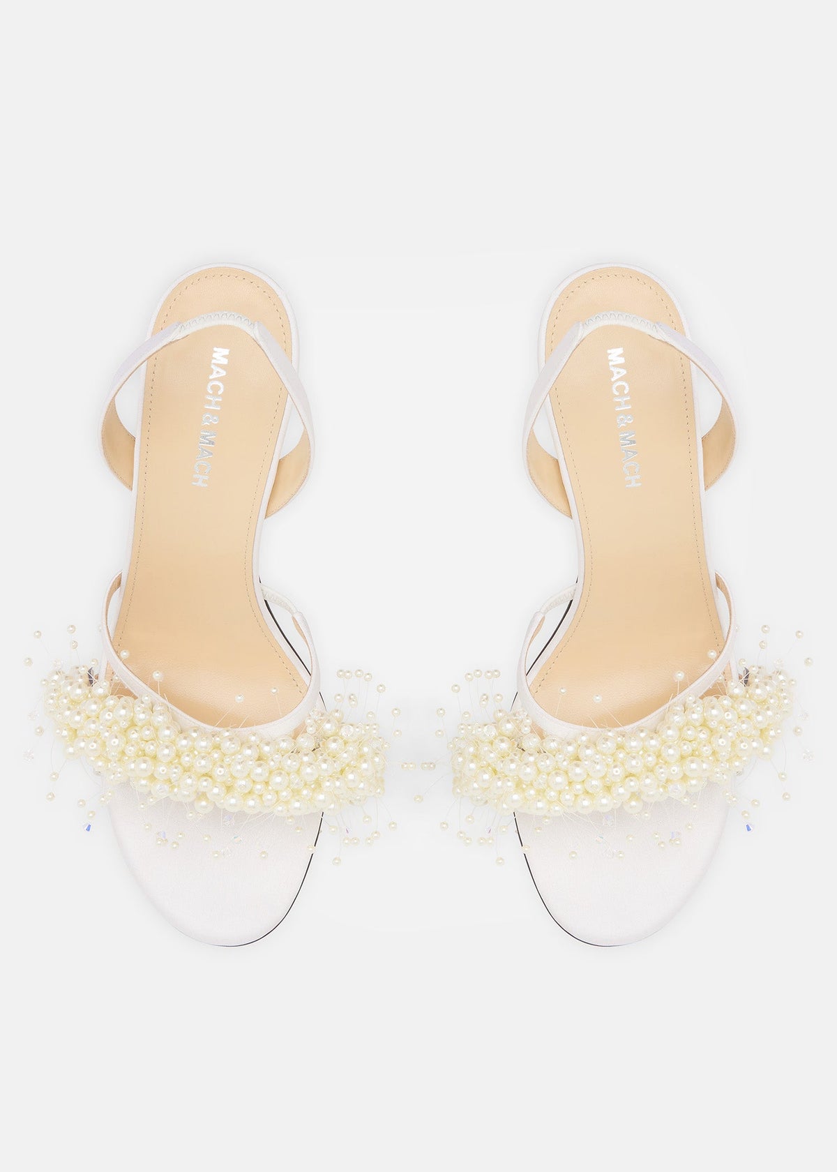 Eloise White Floating Pearl Sandals – crystal detail view showing floating pearl, satin, white, SimmiUnique