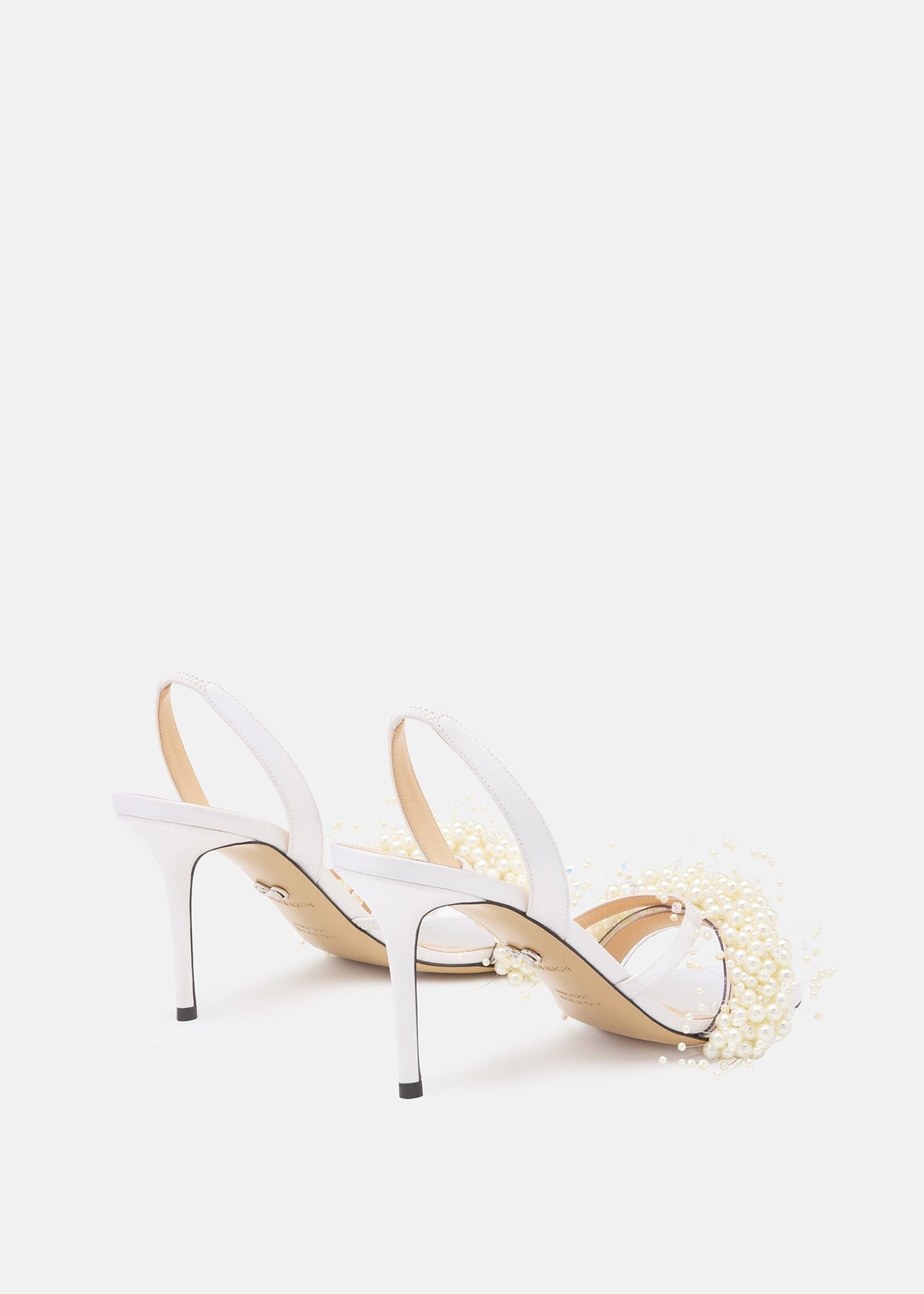 Eloise White Floating Pearl Sandals – heel view showing floating pearl, satin, white, SimmiUnique