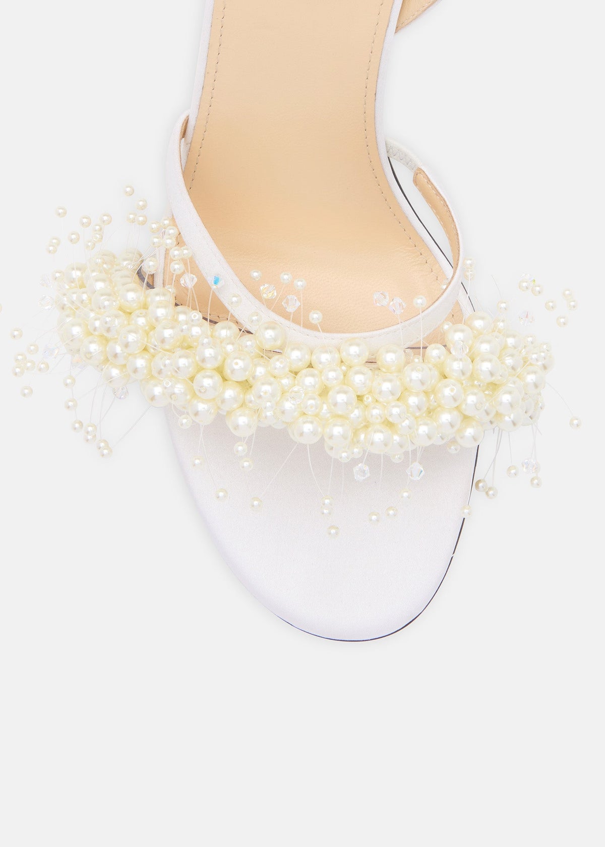 Eloise White Floating Pearl Sandals – rear view showing floating pearl, satin, white, SimmiUnique