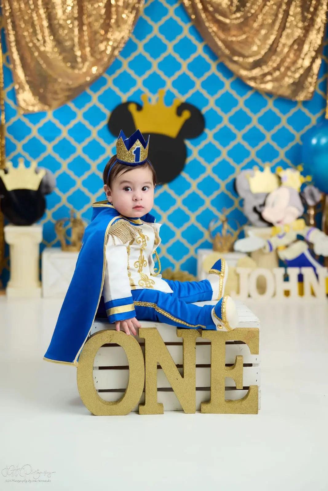 Baby Boy Prince Costume – Royal Blue & Gold Cape, Crown & Belt Set – detail shot