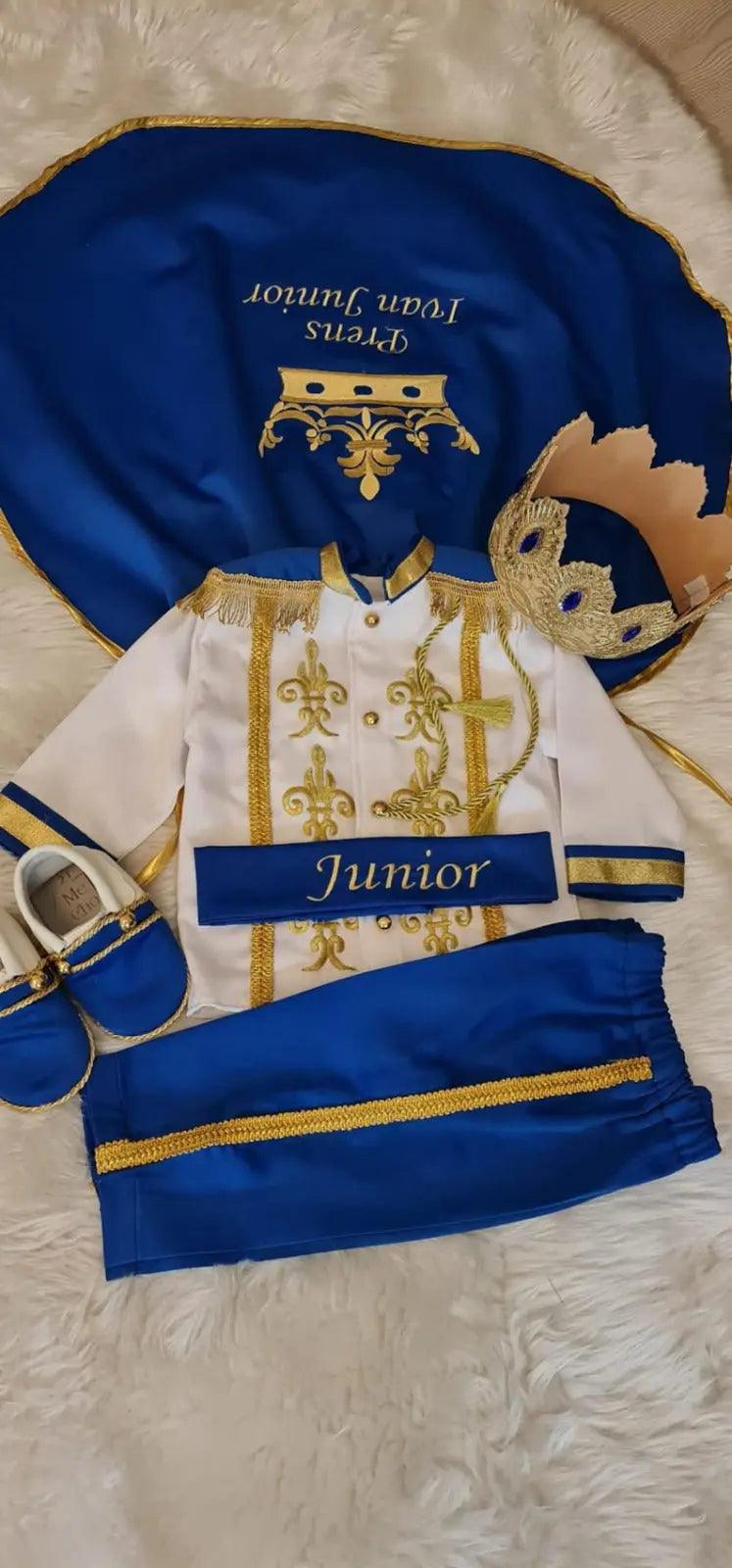 Baby Boy Prince Costume – Royal Blue & Gold Cape, Crown & Belt Set – side view