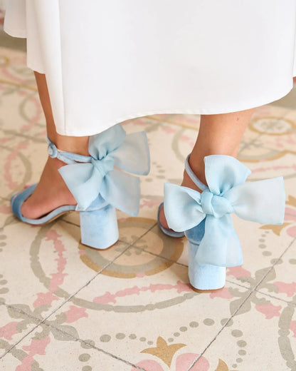 Blue Leather Block Heel Sandals simmiunique