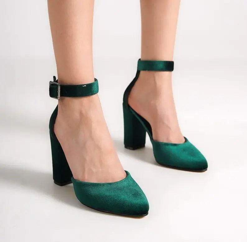 DARK GREEN VELVET ANKLE STRAPS VEGAN BLOCK HEELS SHOES Sample Product