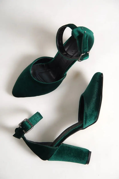 DARK GREEN VELVET ANKLE STRAPS VEGAN BLOCK HEELS SHOES Sample Product