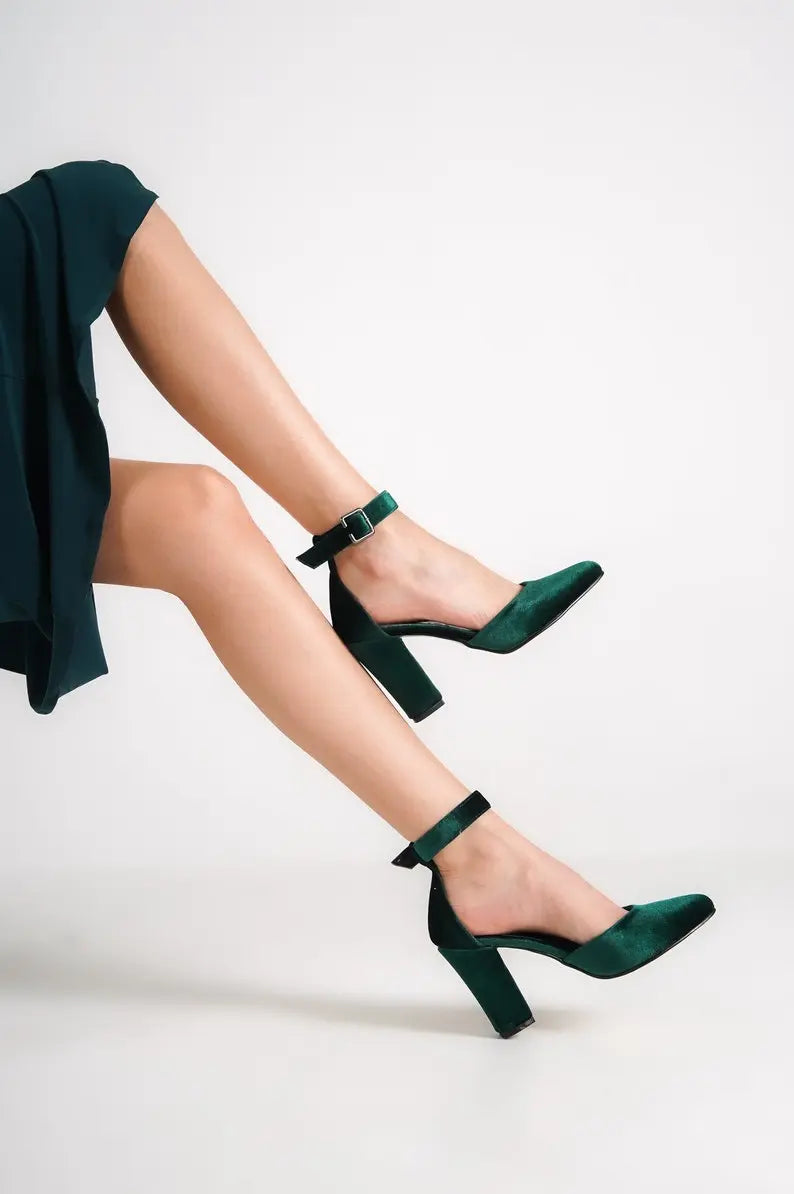 DARK GREEN VELVET ANKLE STRAPS VEGAN BLOCK HEELS SHOES Sample Product